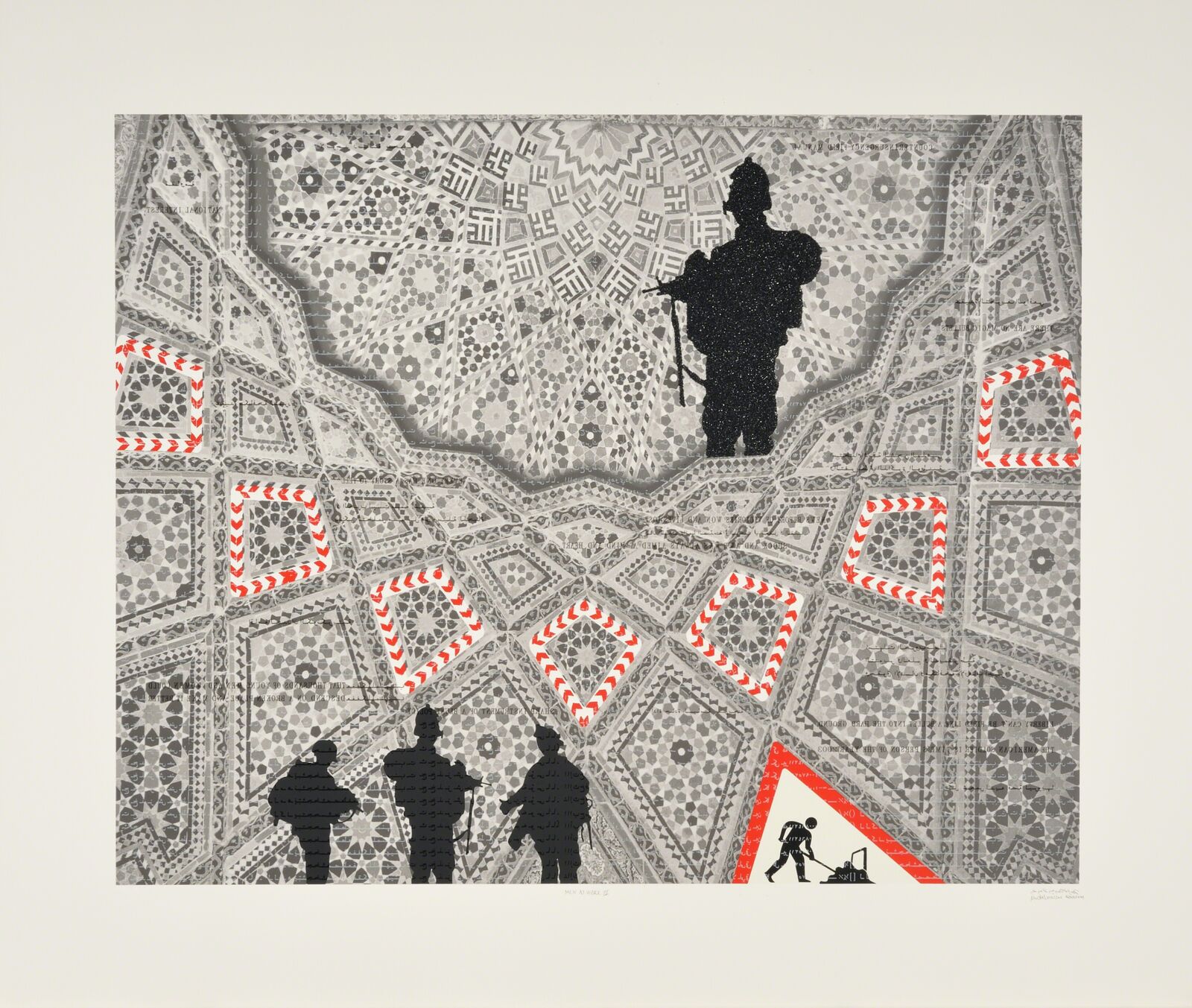 A black and white image of a man standing in the middle of a maze.