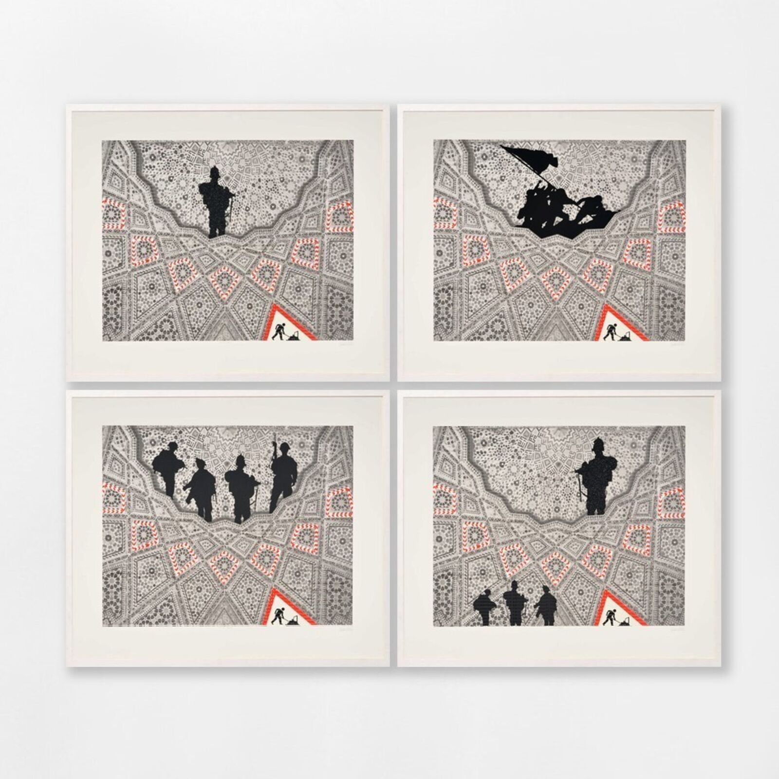 A black and white image of a man standing in the middle of a maze.