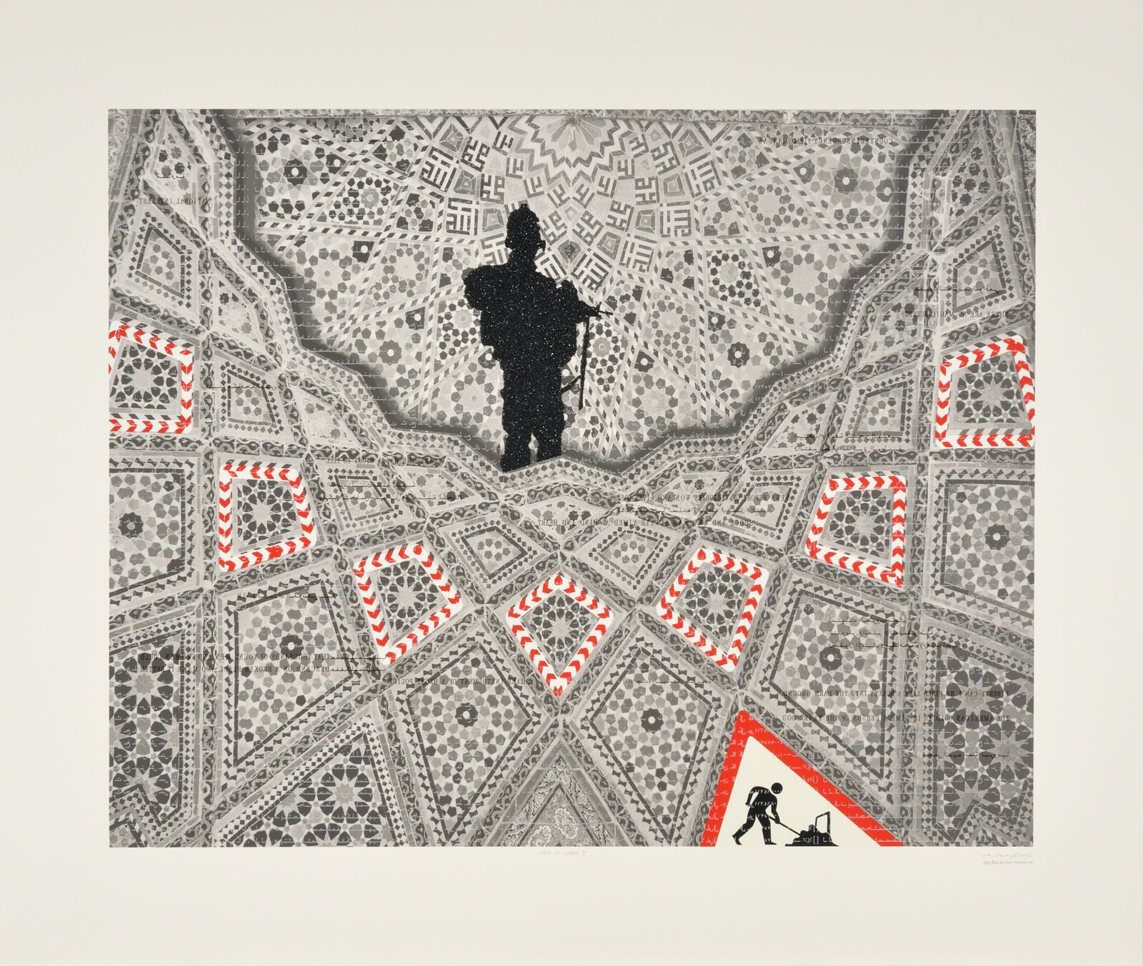 A black and white image of a man standing in the middle of a maze.