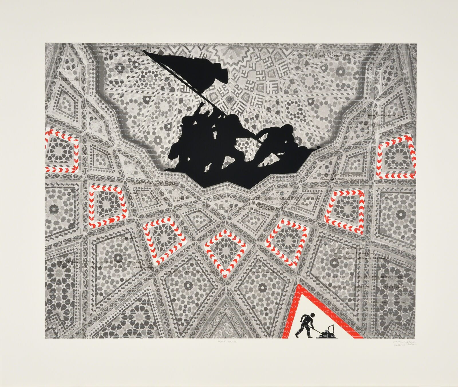 A black and white image of a man standing in the middle of a maze.