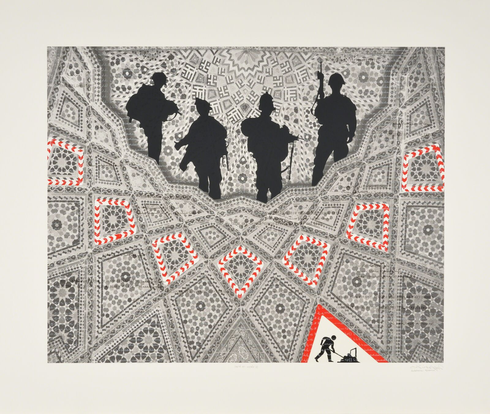 A black and white image of a man standing in the middle of a maze.