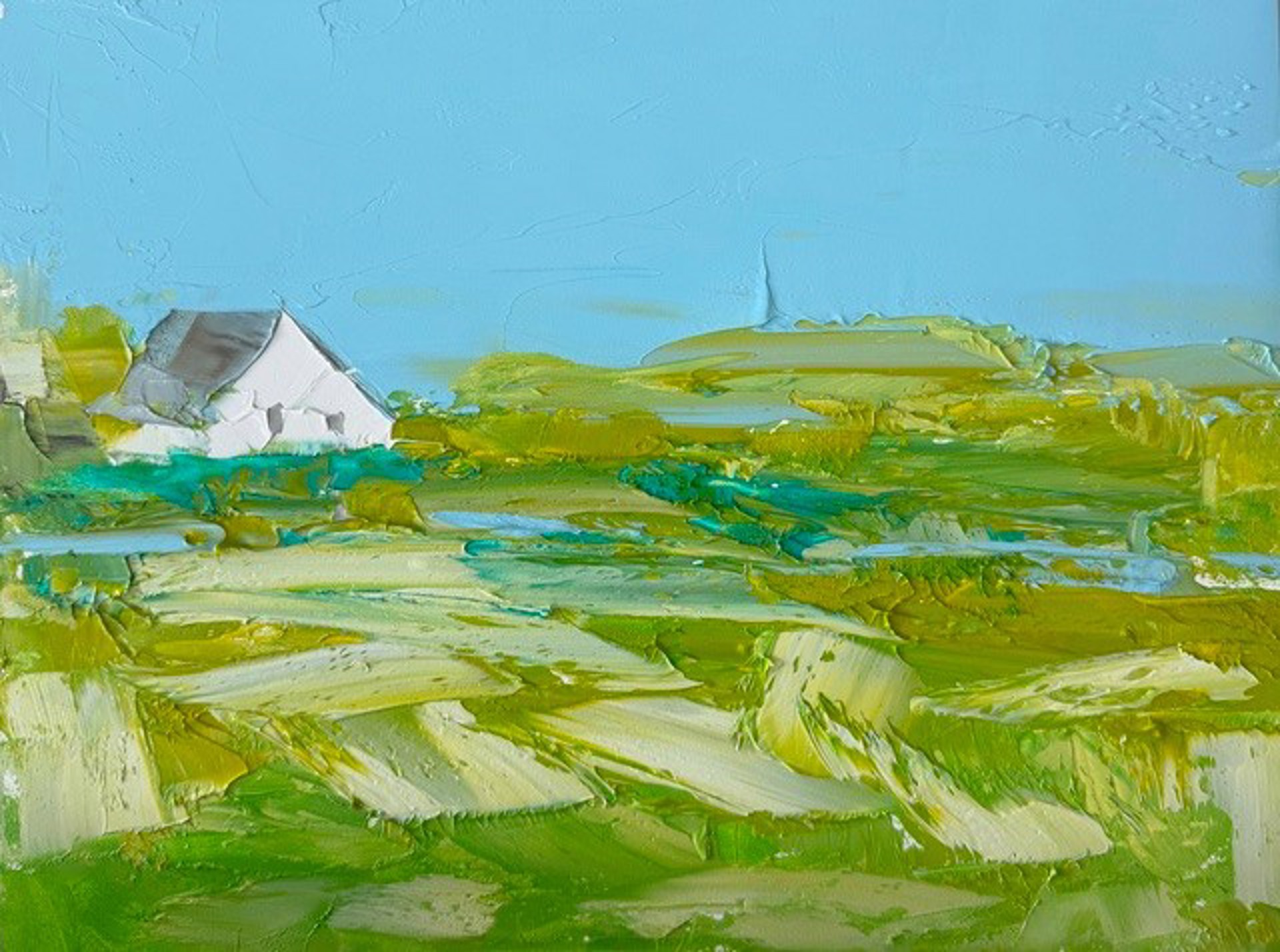 A thickly painted landscape featuring a white house against a bright blue sky.