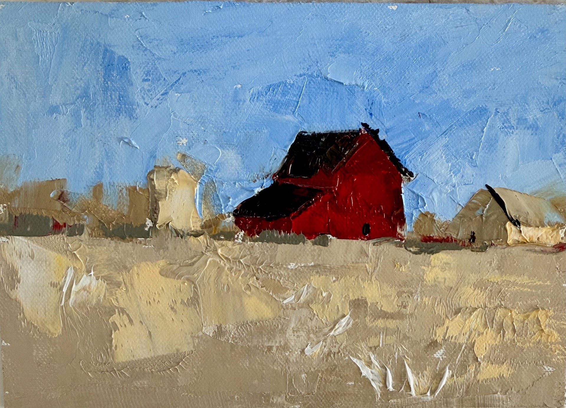A textured landscape painting featuring a red barn against a blue sky.