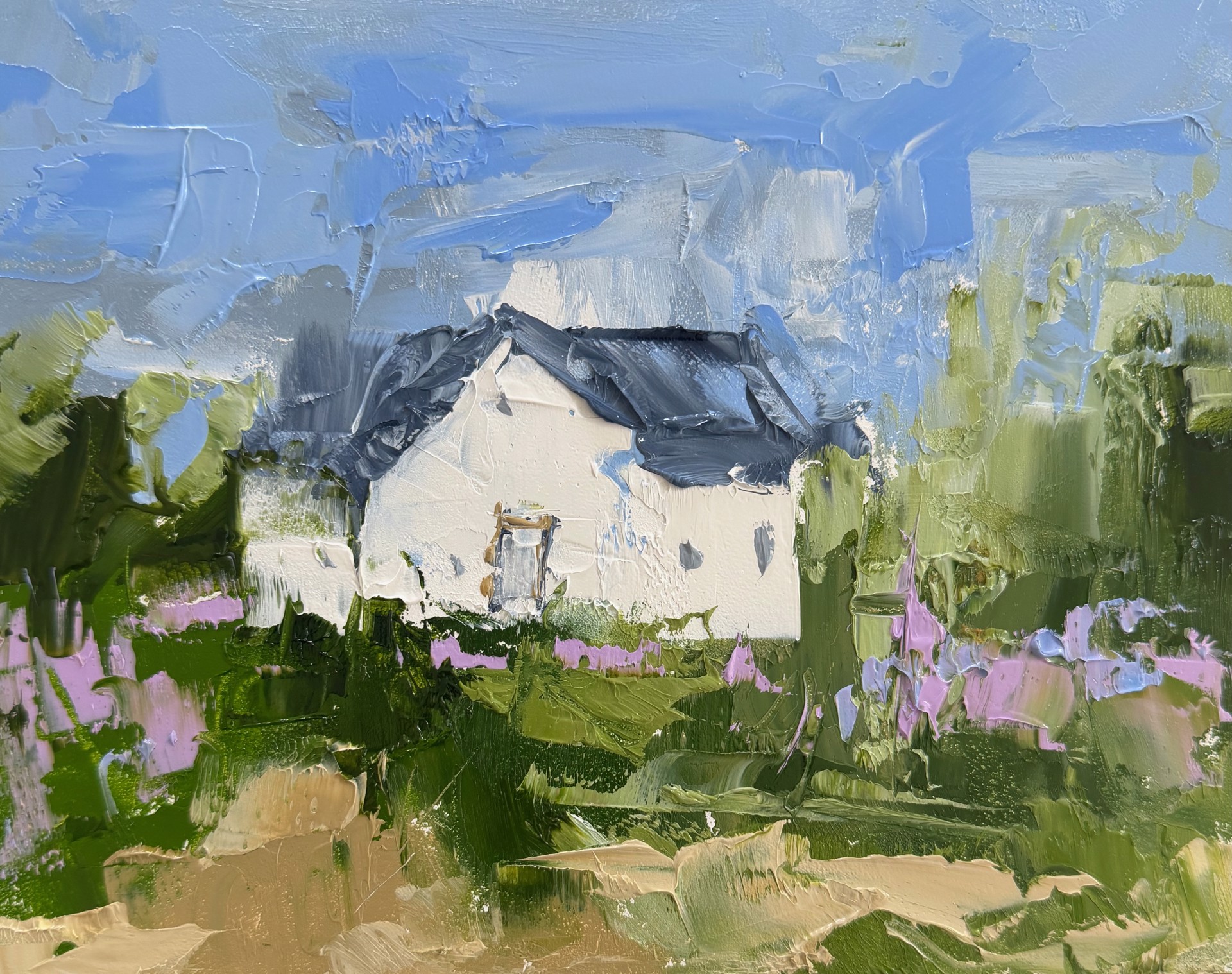 A thickly painted landscape featuring a white cottage with a dark roof nestled among green foliage under a blue sky.