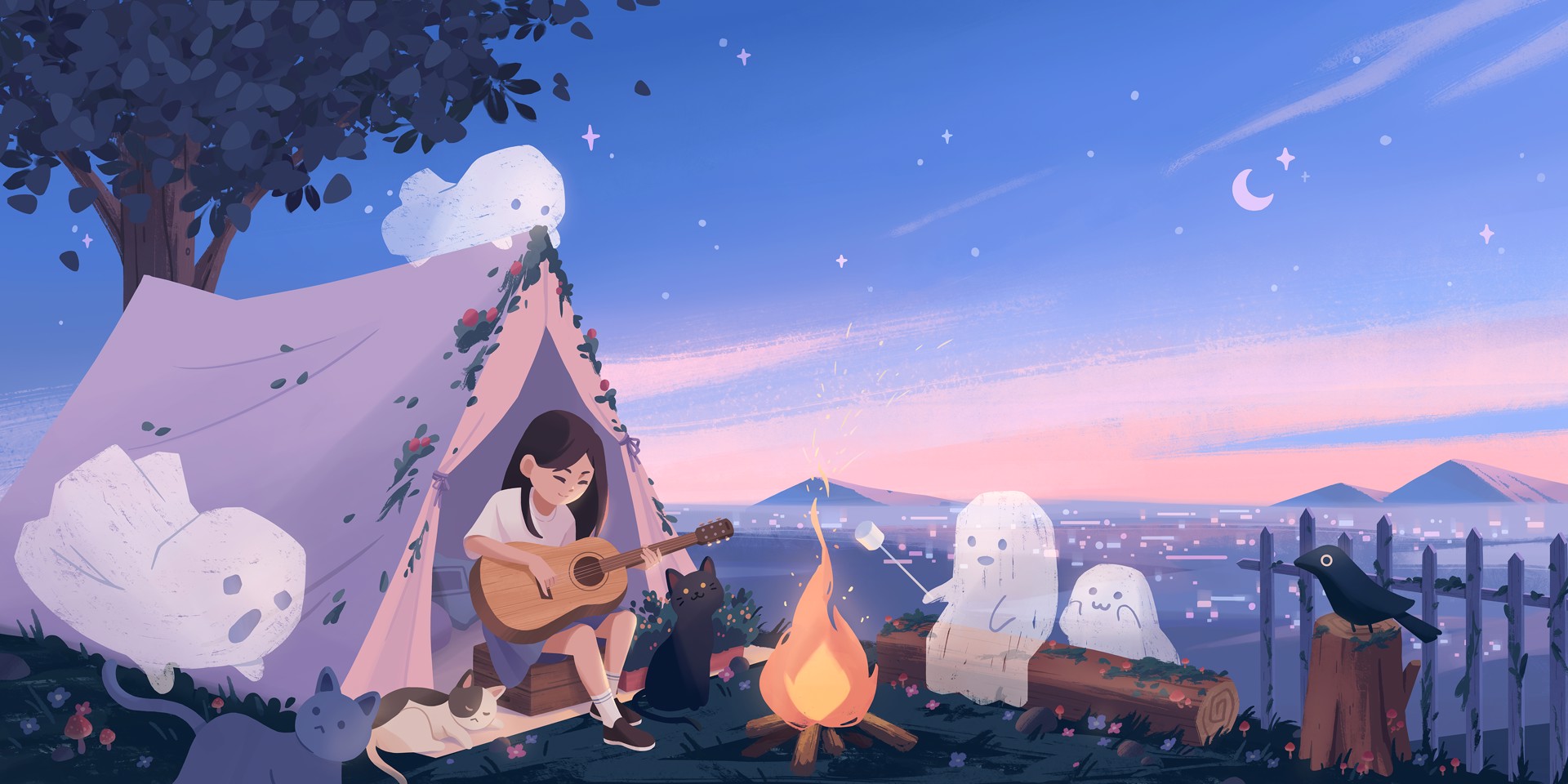 A whimsical illustration of a person playing guitar beside a campfire with friendly ghosts and cats under a twilight sky.