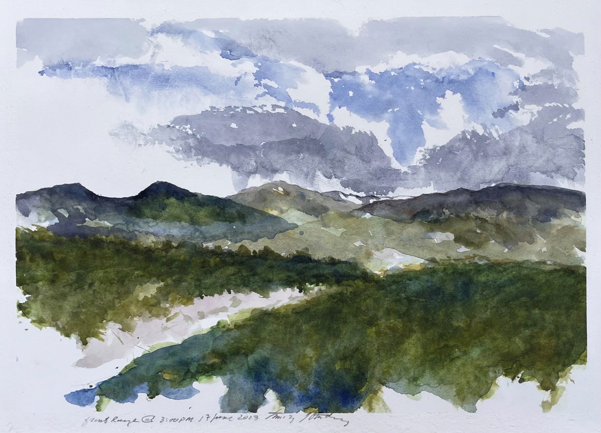A watercolor landscape of rolling hills under a cloudy sky.