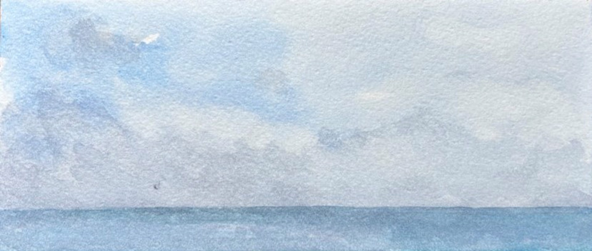 A serene watercolor seascape featuring a calm horizon under a soft, cloudy sky.