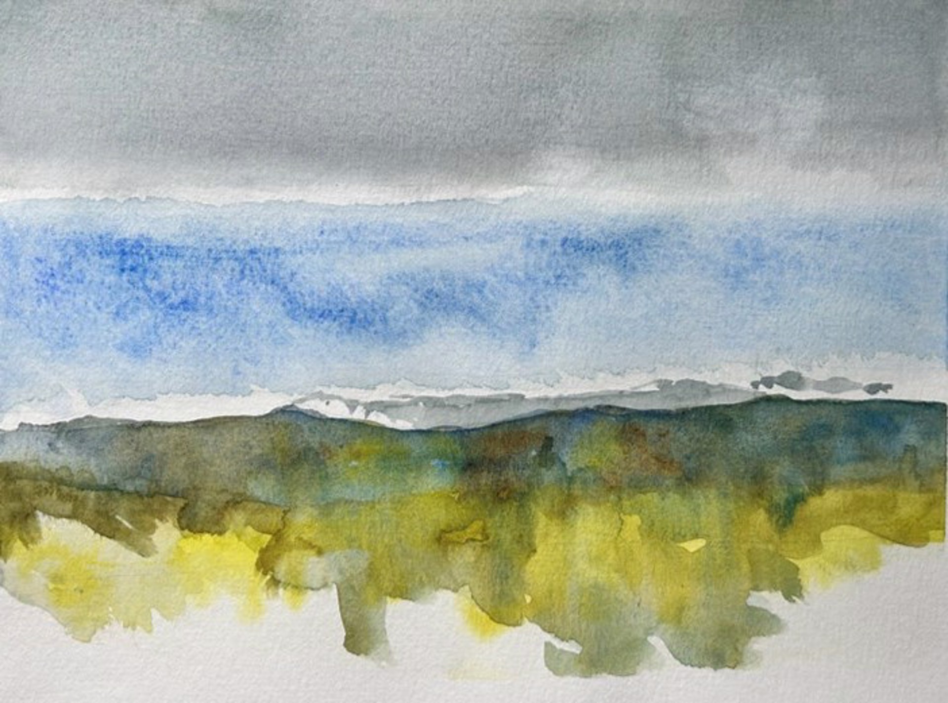 A watercolor landscape of rolling hills under a cloudy sky.