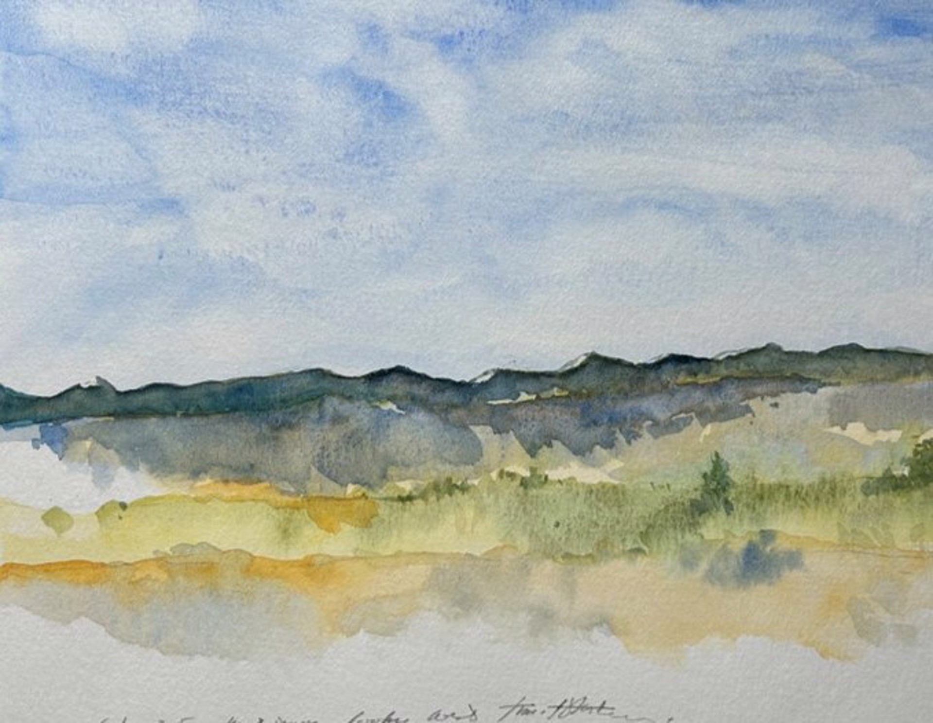 A watercolor landscape painting of a distant mountain range under a cloudy sky.