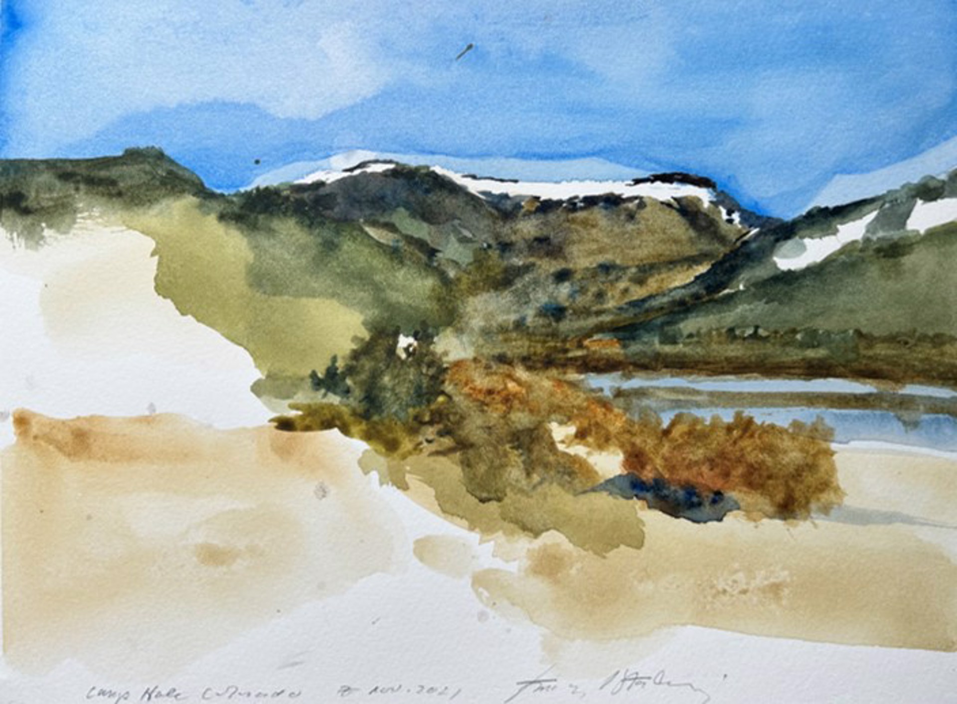 A watercolor landscape of a mountain valley with snow-capped peaks and a reflective lake.