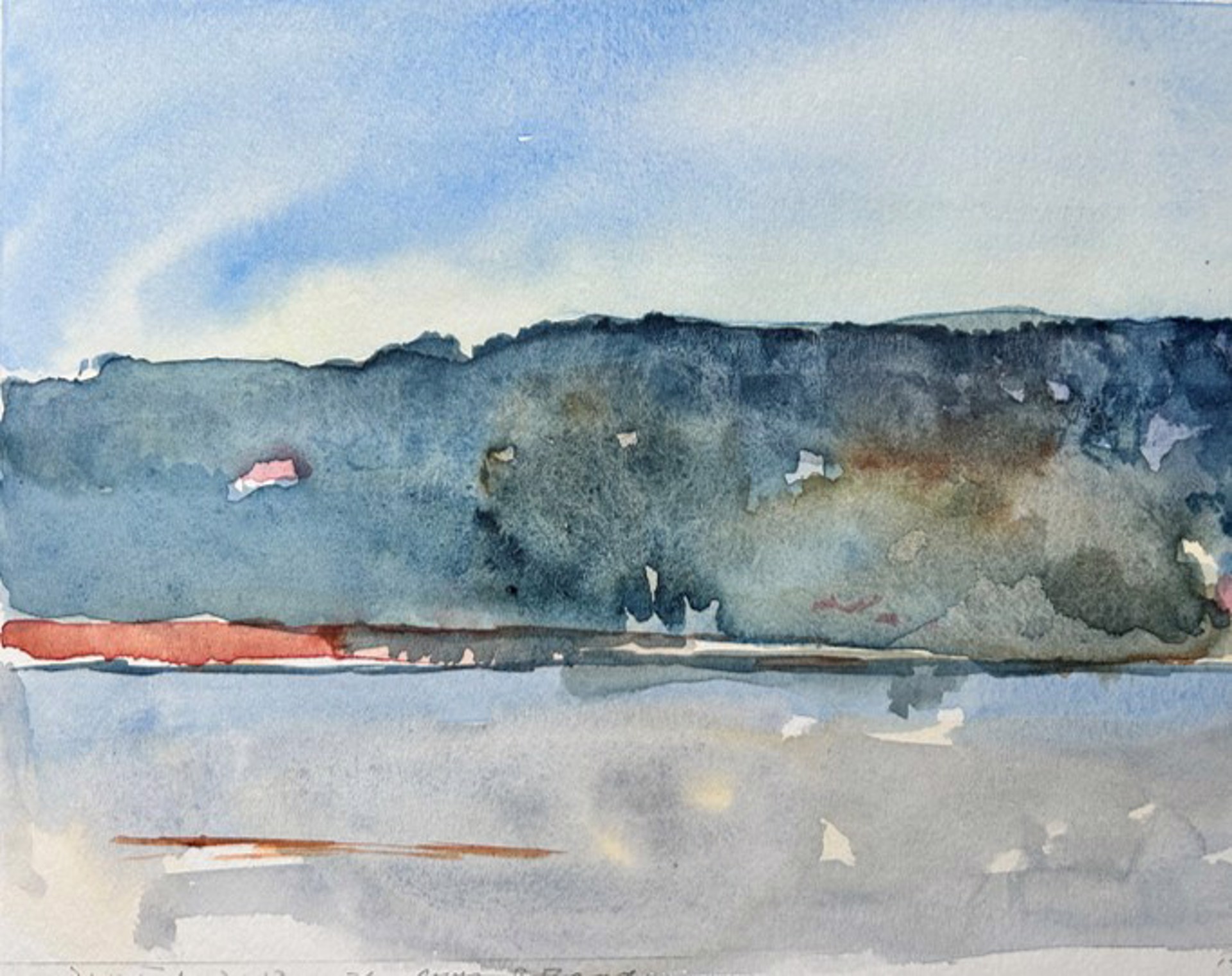 A watercolor landscape featuring a dark, textured mountain range under a pale blue sky.