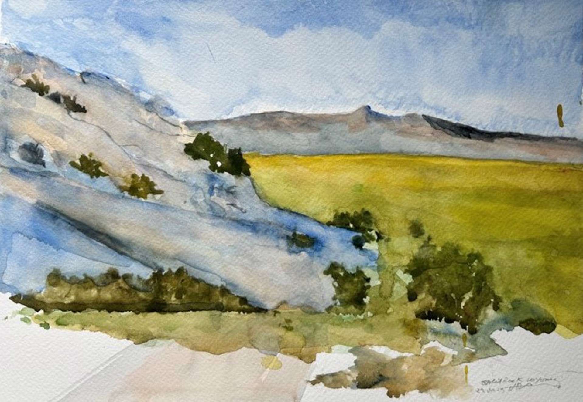 A watercolor landscape painting of a sunlit valley with rolling hills and distant mountains.