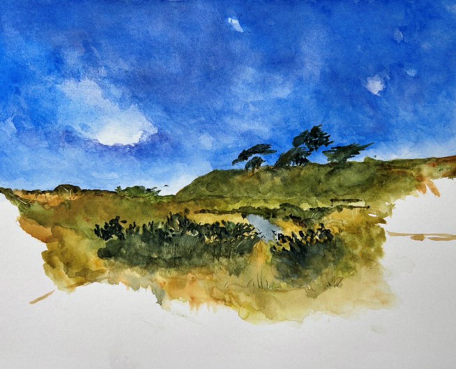 A watercolor landscape of a grassy hill under a blue sky, with its reflection mirrored in the foreground.