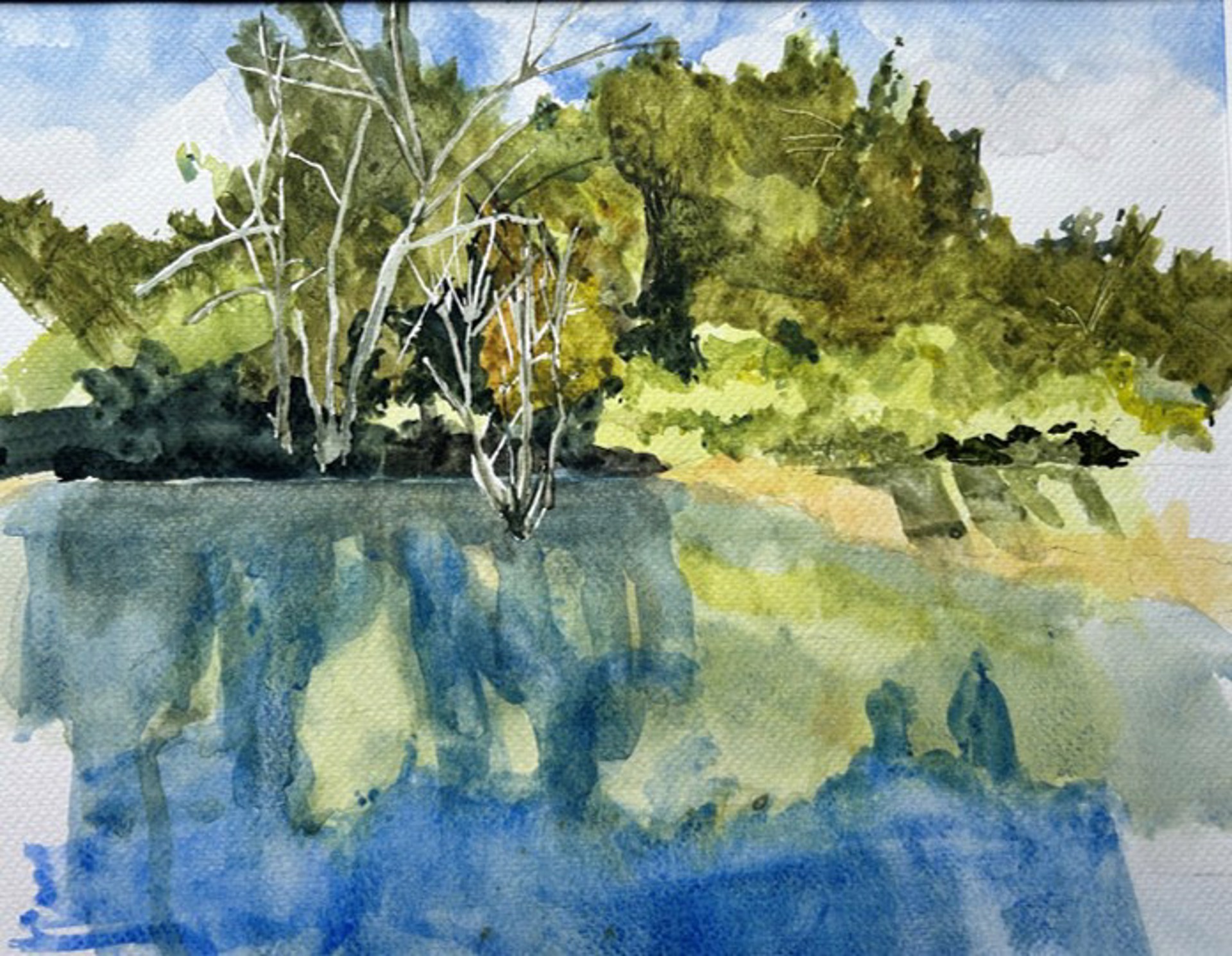 A watercolor landscape of a riverbank with trees and their reflections.