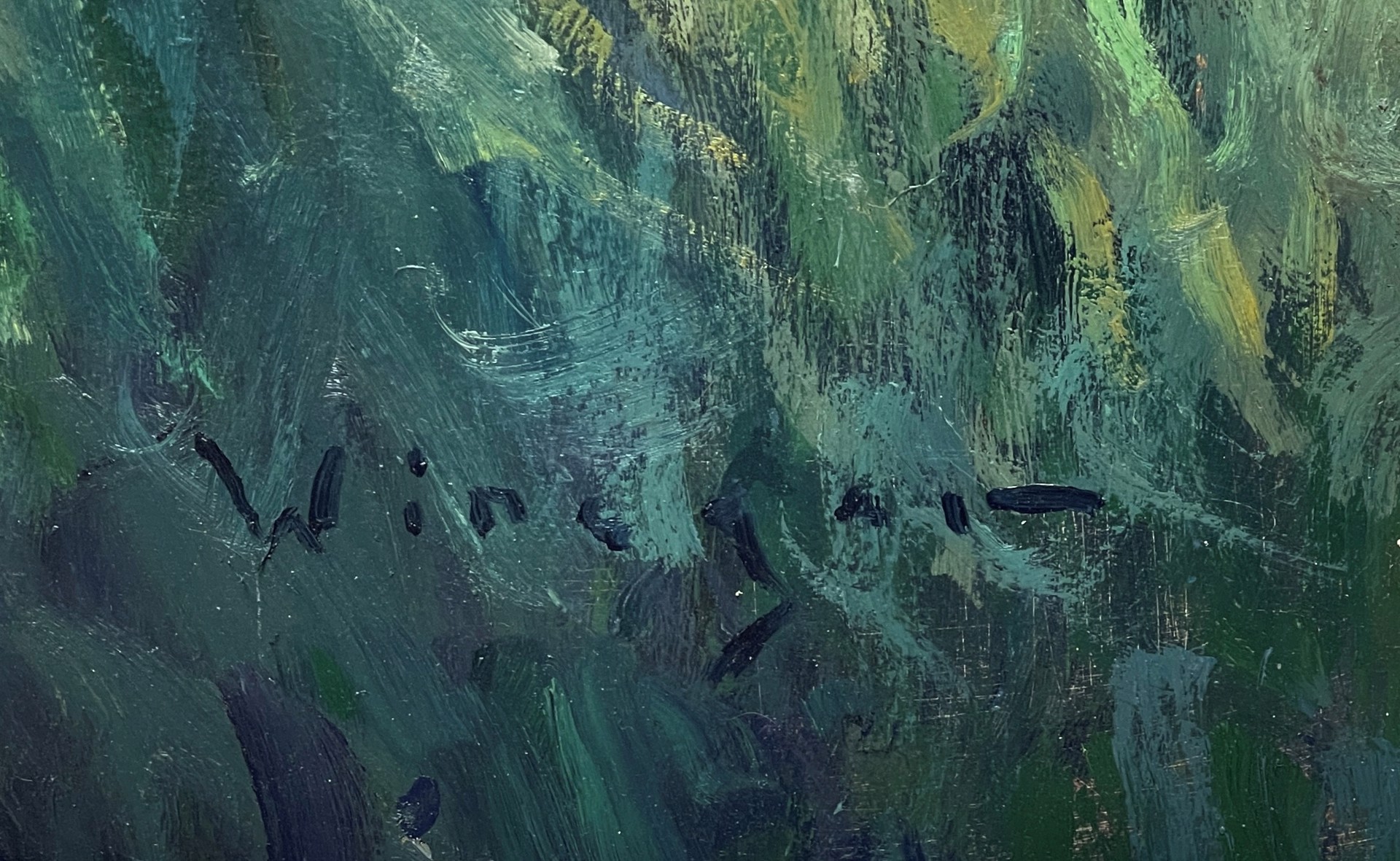 A serene landscape painting of blossoming trees beside a stream.