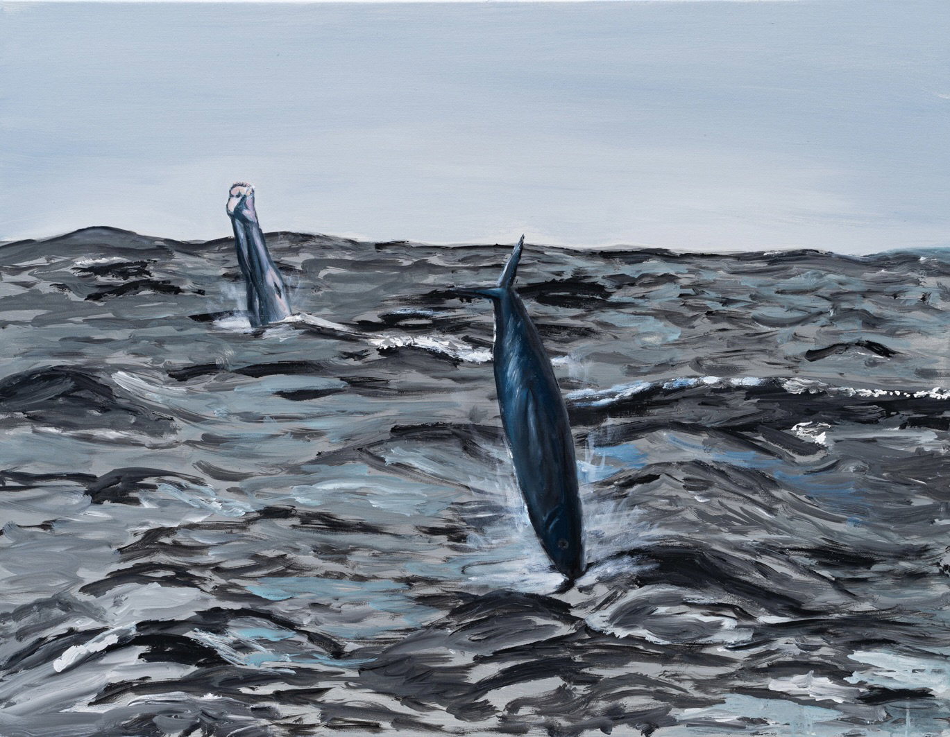 A painting of two dark figures emerging from a choppy, grey-blue ocean under an overcast sky.