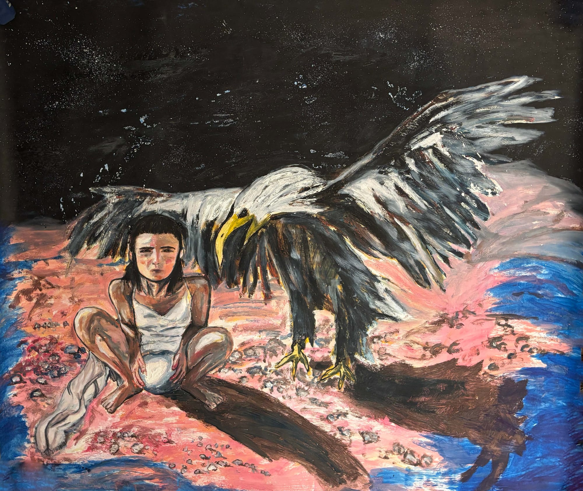 A somber figure sits beside a large bird with outstretched wings against a dark, textured background.