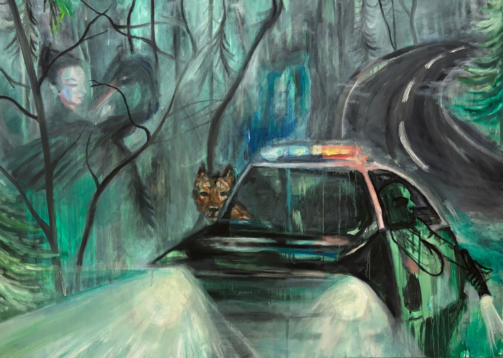 A surreal forest scene featuring a police car, a wild animal, and ghostly figures.