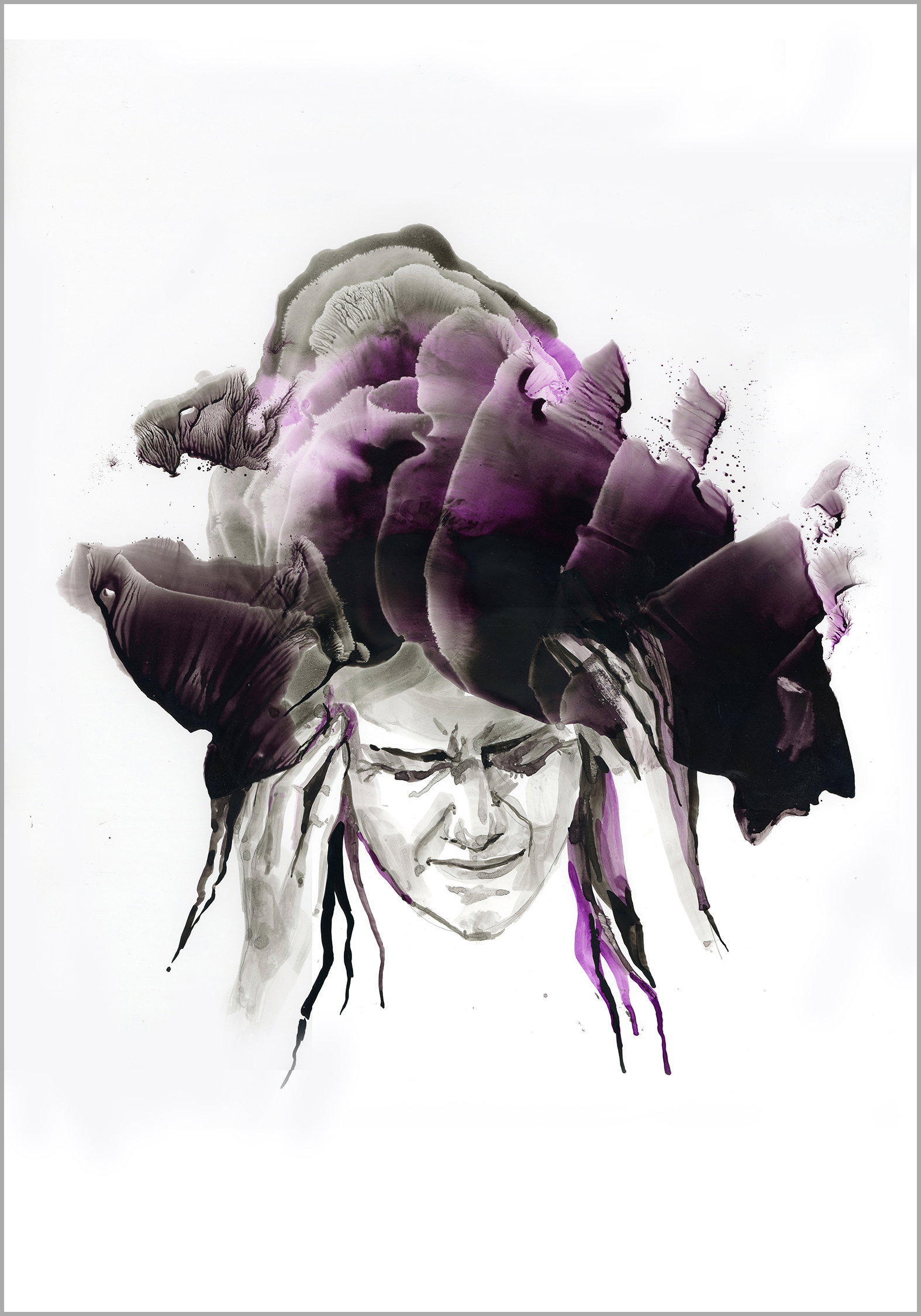 A portrait of a figure with a face emerging from an abstract, ink-like mass.