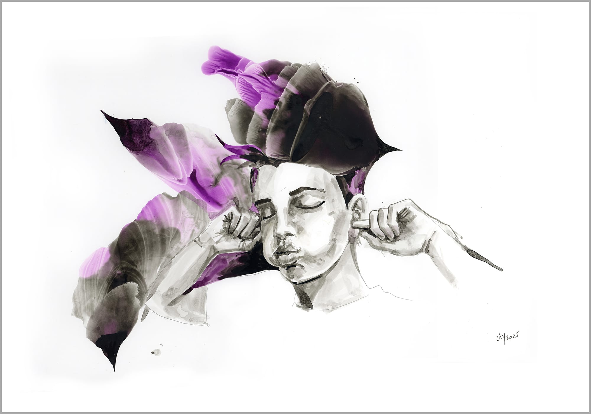 A monochrome figure with closed eyes is surrounded by vibrant purple and black ink splatters.