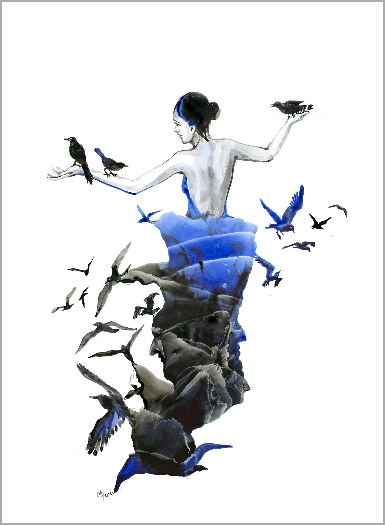 A watercolor portrait of a figure whose lower body transforms into a swirling mass of birds.