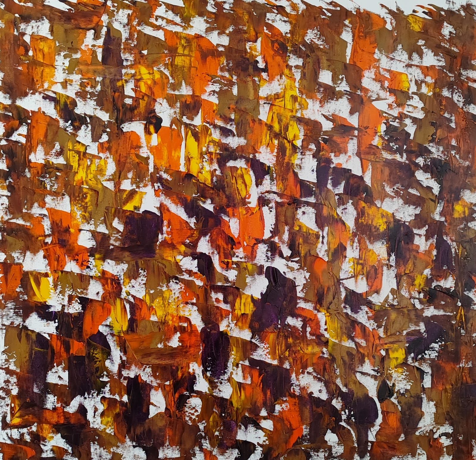 An abstract composition of textured brushstrokes in warm autumnal tones.