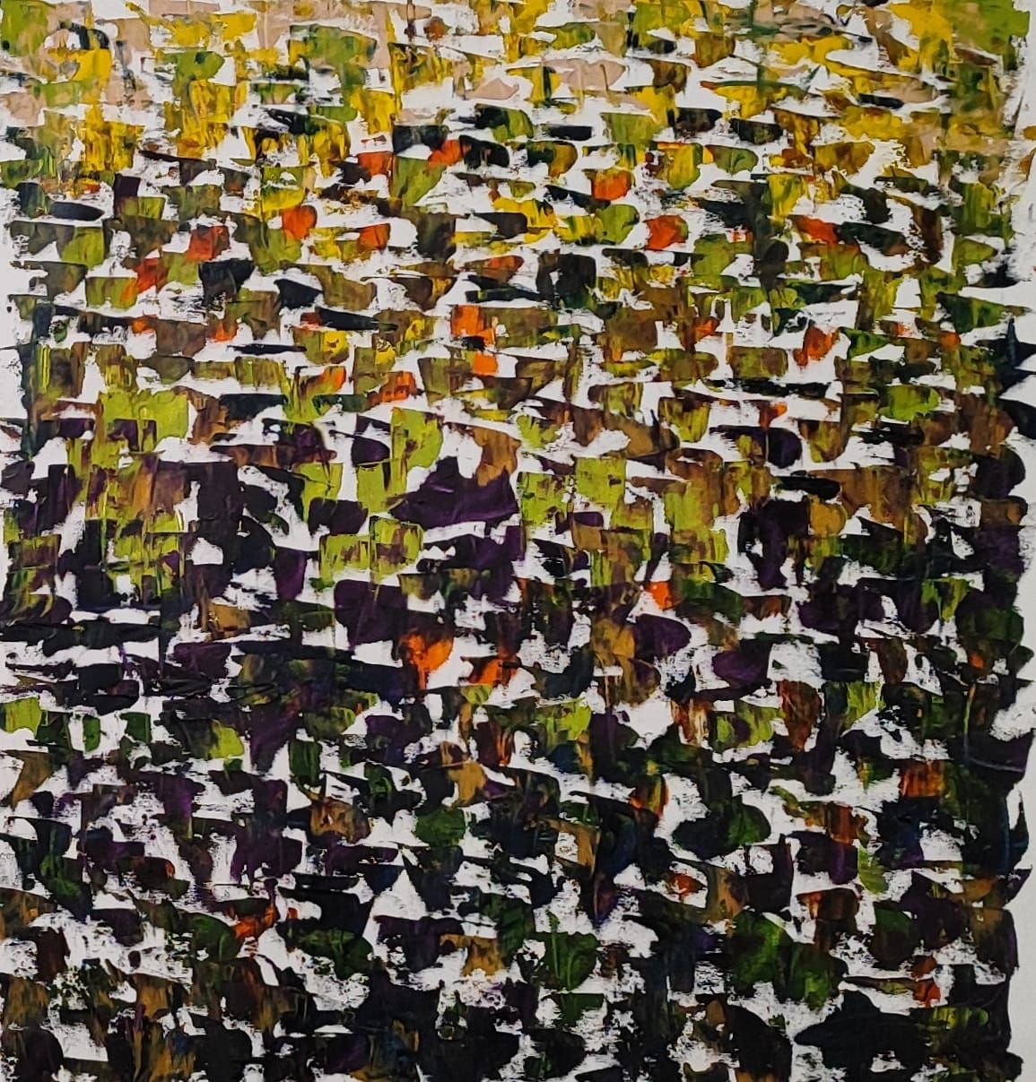 A vibrant abstract composition of a dense, textured surface resembling foliage or bark.