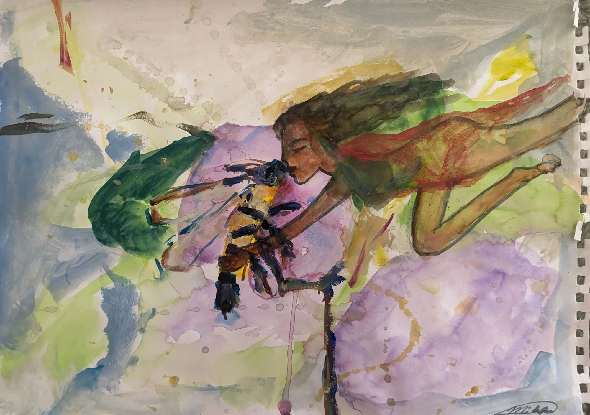 A watercolor portrait of a figure in profile, leaning forward to kiss a large insect.