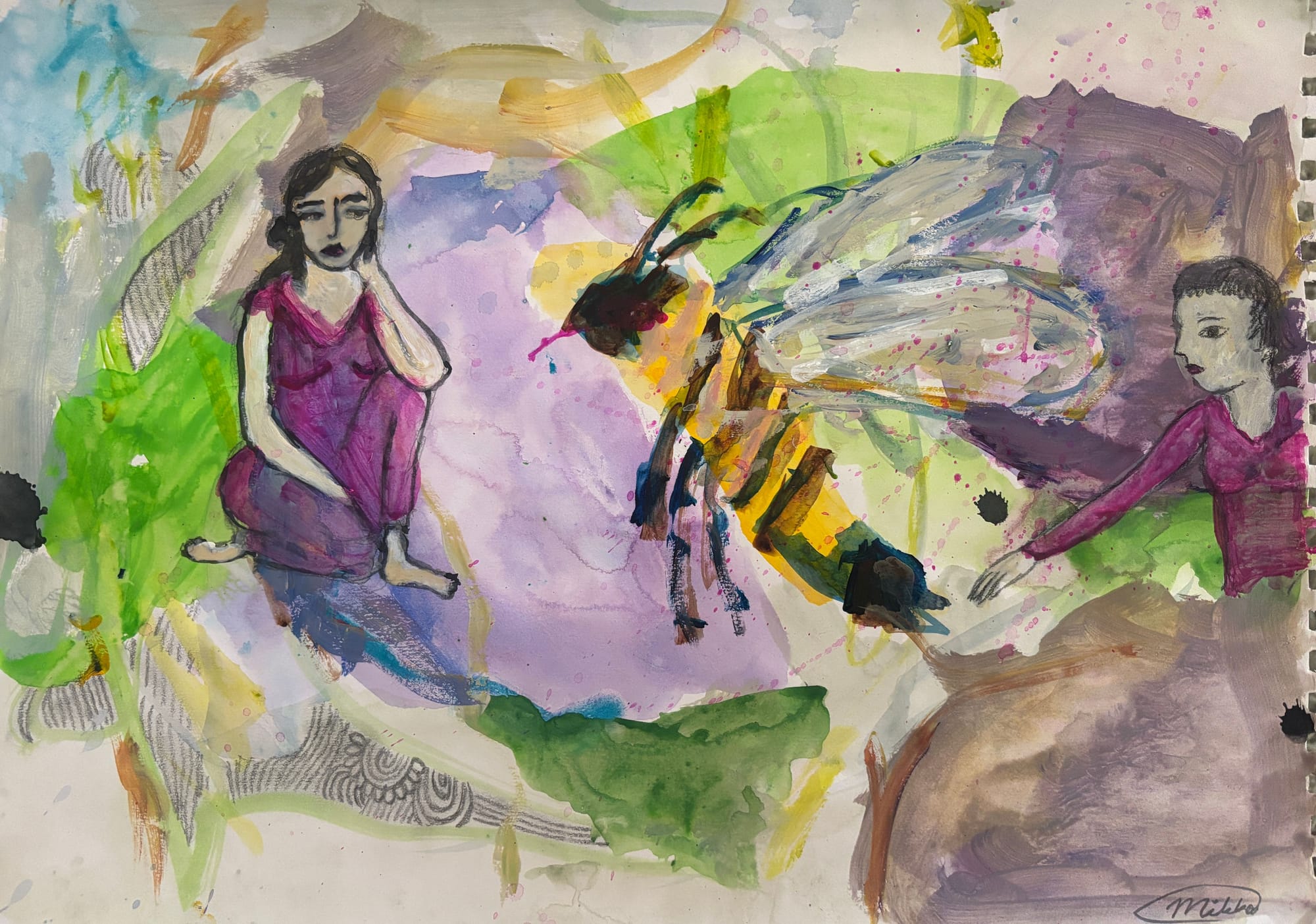 A watercolor painting of two figures in purple robes observing a large, striped insect against a colorful, abstract background.