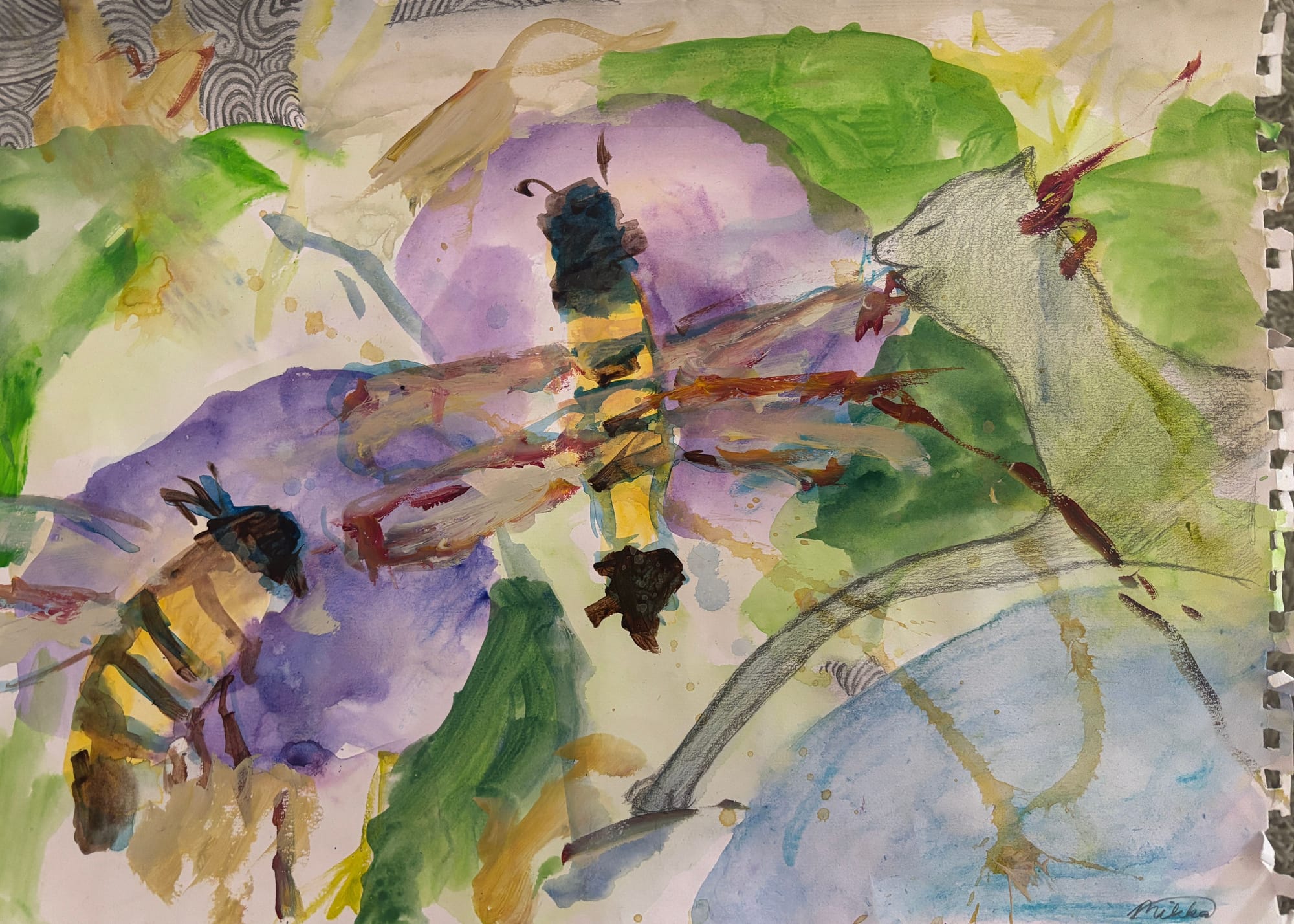 A vibrant watercolor study of insects and foliage with a torn paper edge.