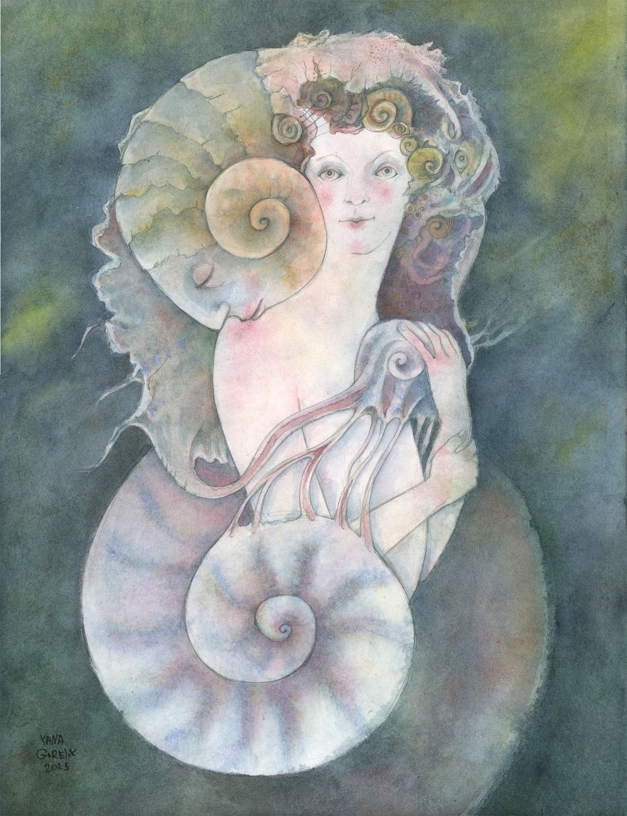 A surreal portrait of a figure adorned with large spiral shells against a moody, dark background.