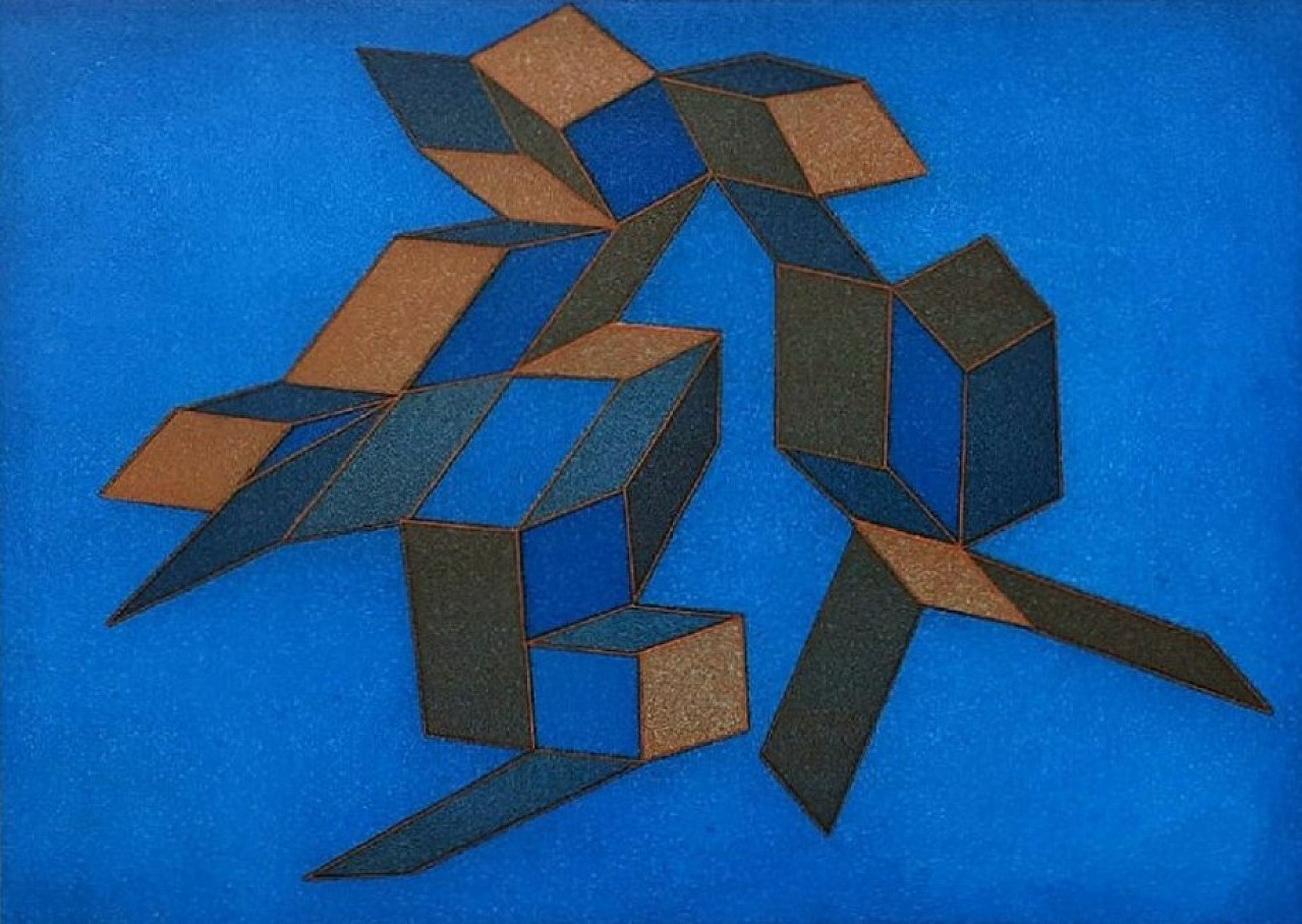 A painting of a blue background with a geometric design.