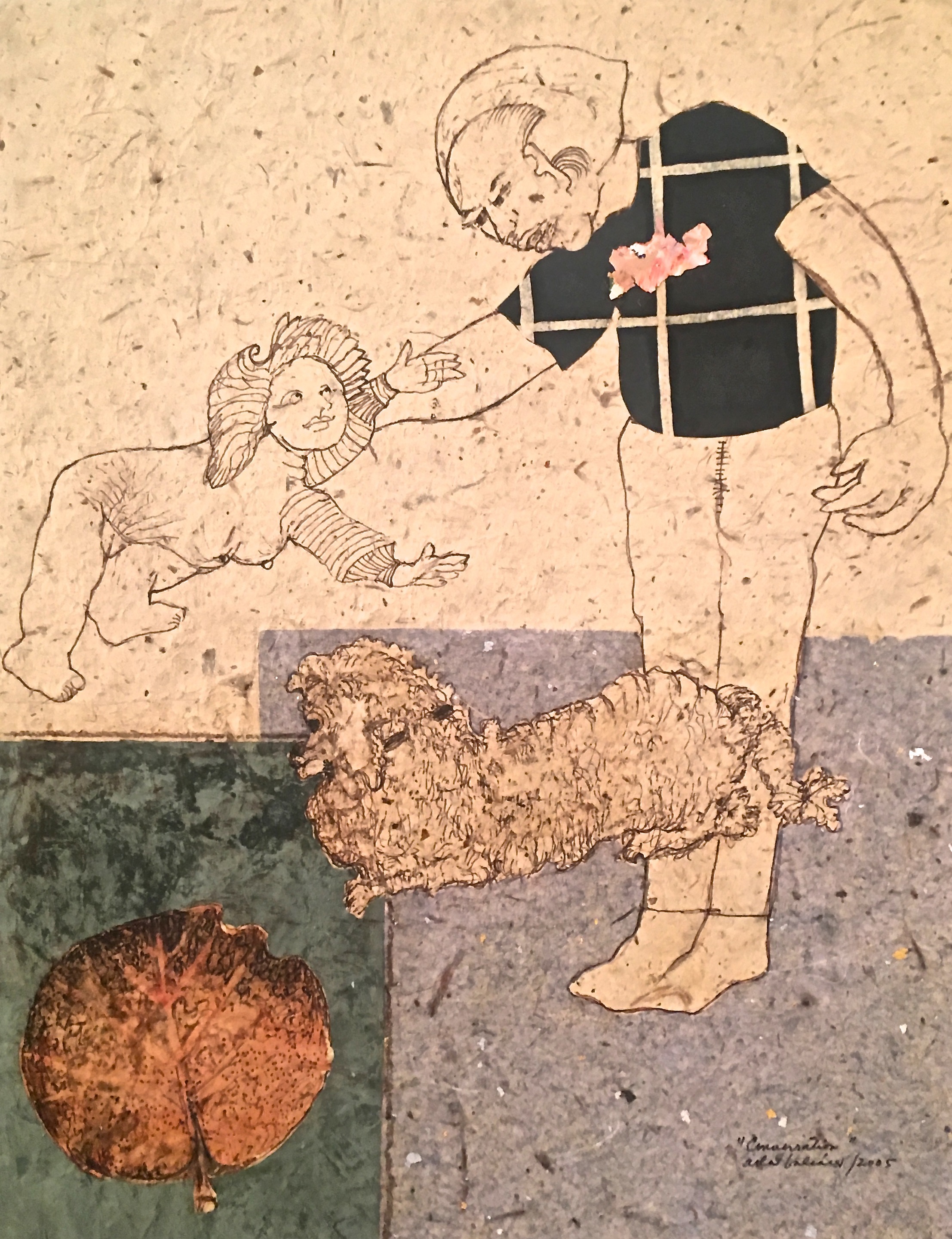A drawing of a man and a child on a wall.