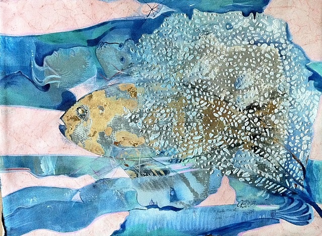 A painting of a fish on a piece of paper.