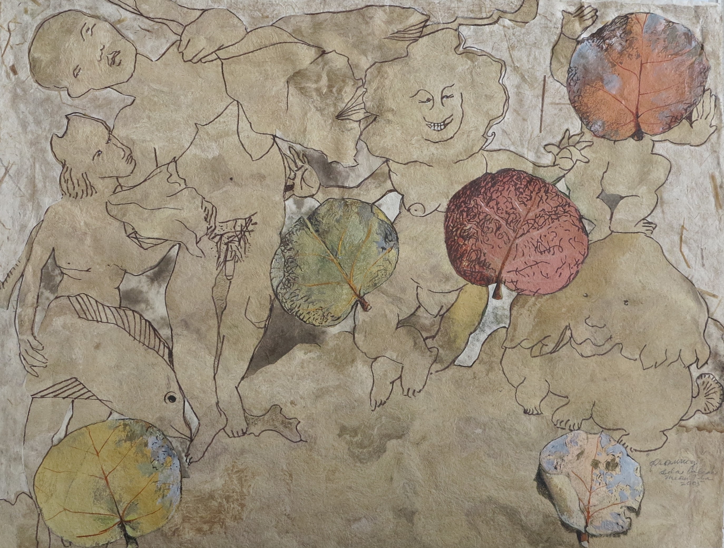 A drawing of a group of people surrounded by leaves.