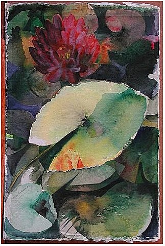 a painting of a red flower and green leaves