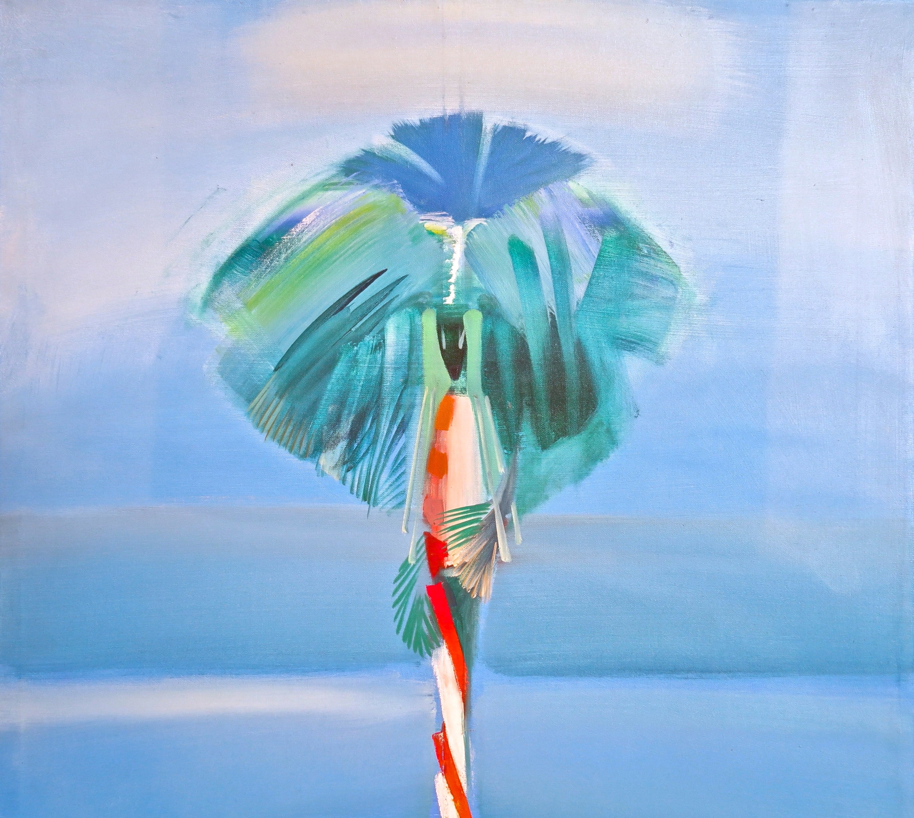 A painting of a person holding an umbrella on a beach.