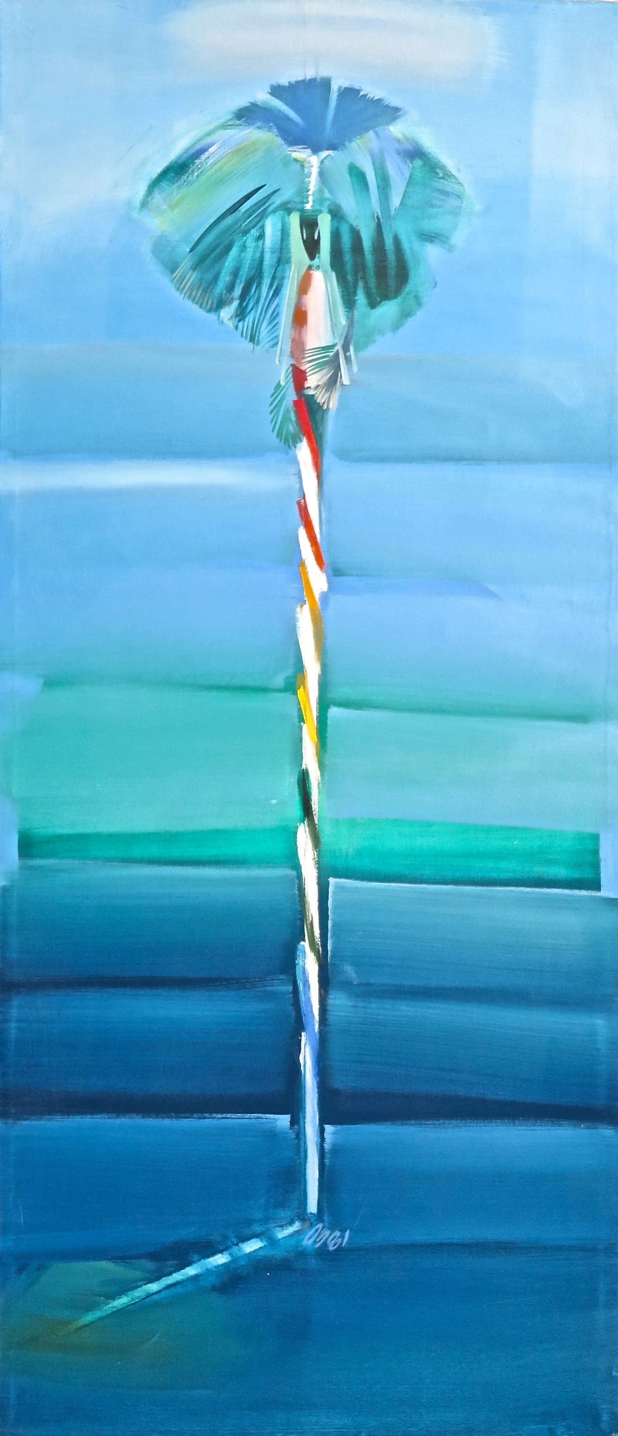 A painting of a person holding an umbrella on a beach.