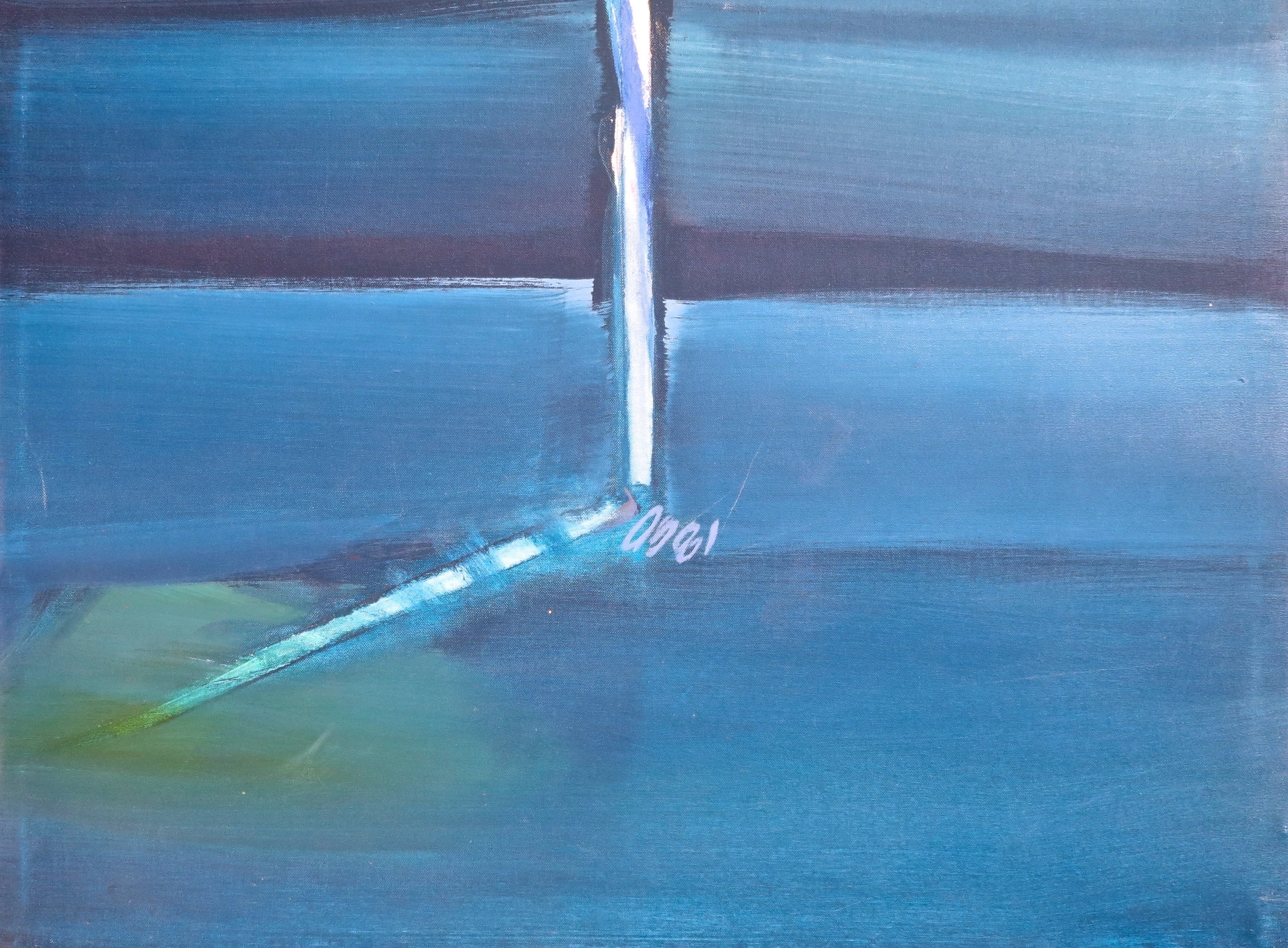 A painting of a person holding an umbrella on a beach.