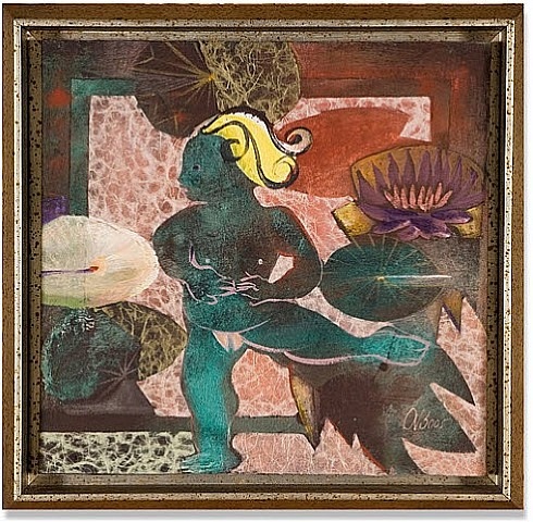 A painting of a woman sitting on a chair in a room.