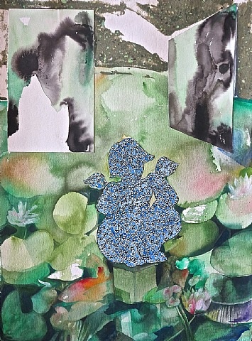A collage of a painting of a woman sitting in a pond of water lilies.