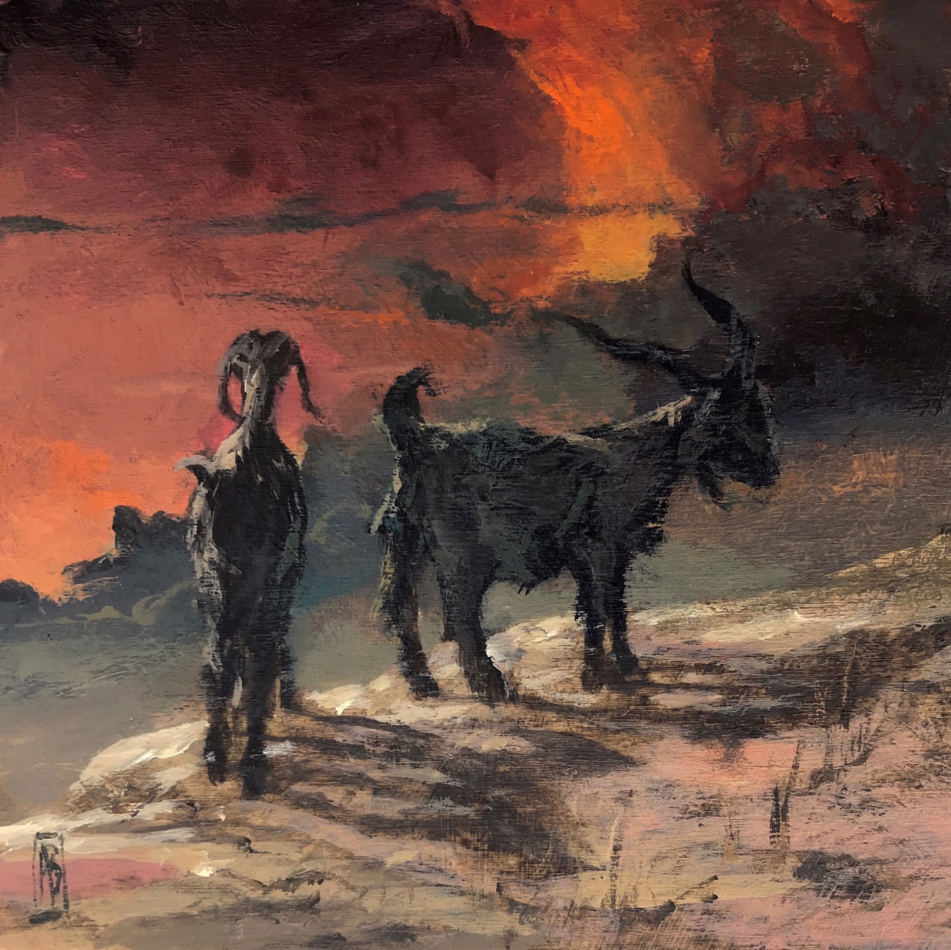 A painting of two goats walking in the desert at sunset.
