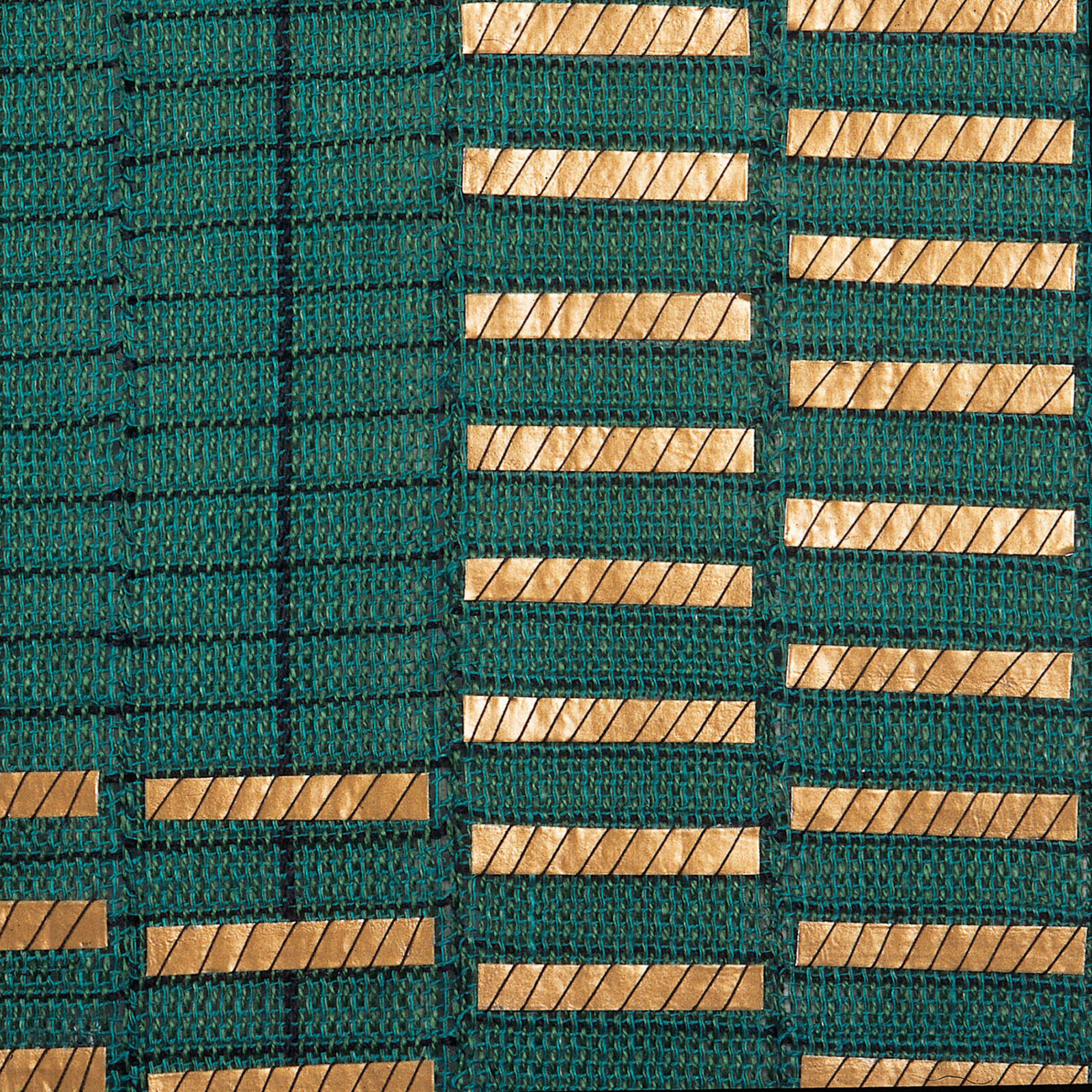A woven textile featuring a geometric pattern of teal and beige stripes.