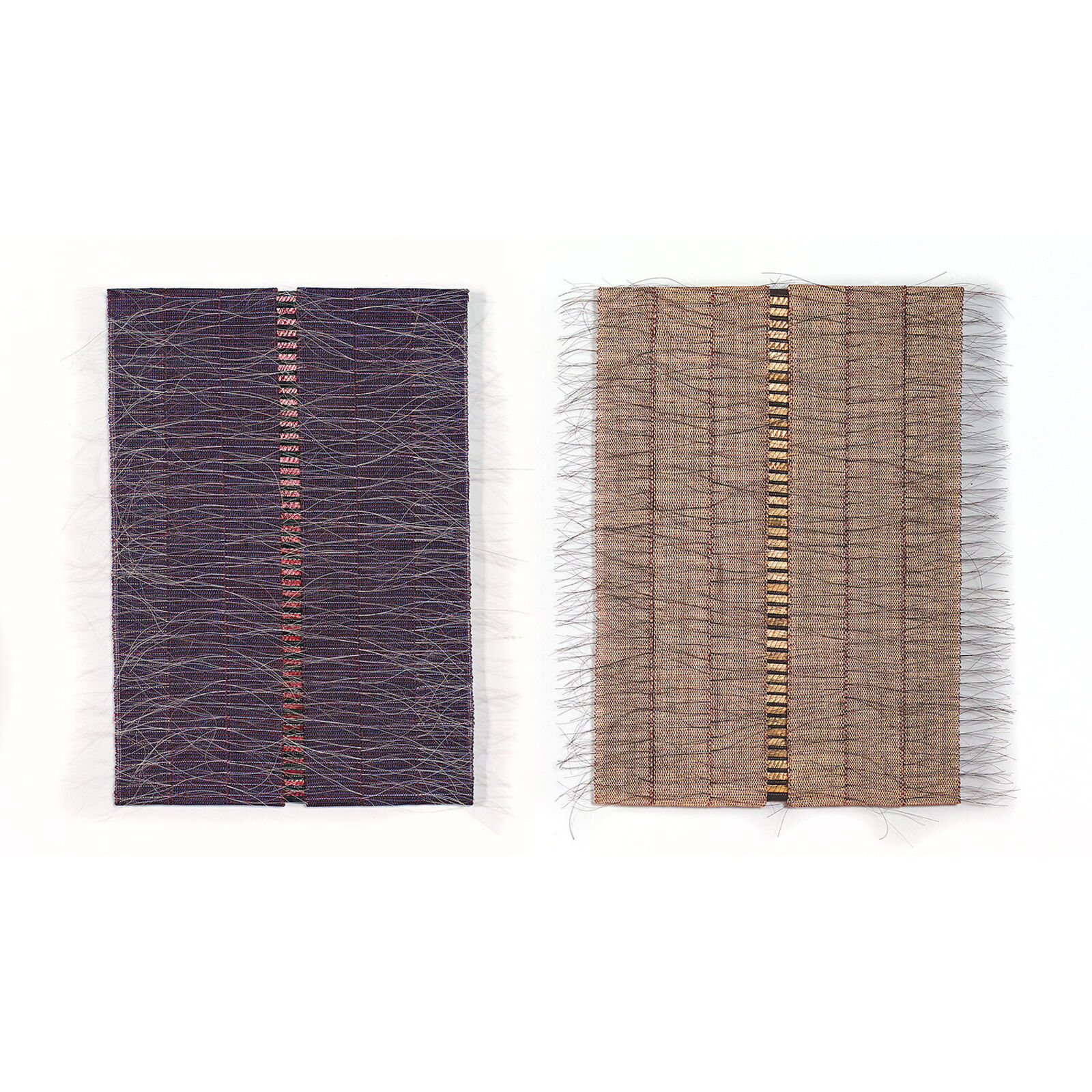 A rectangular textile piece featuring a central metallic strip and frayed edges.