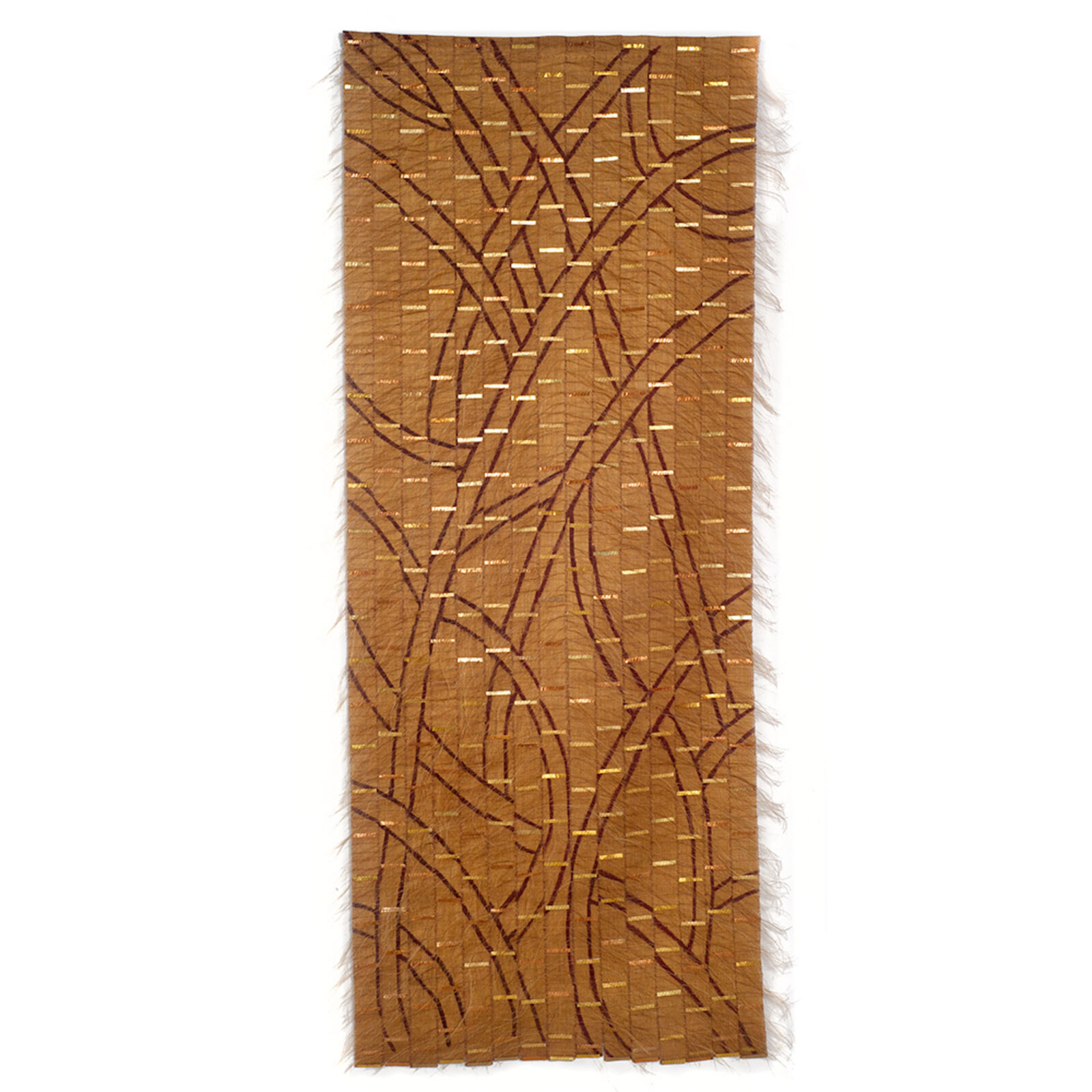 A woven textile featuring a tree-like pattern with gold accents.