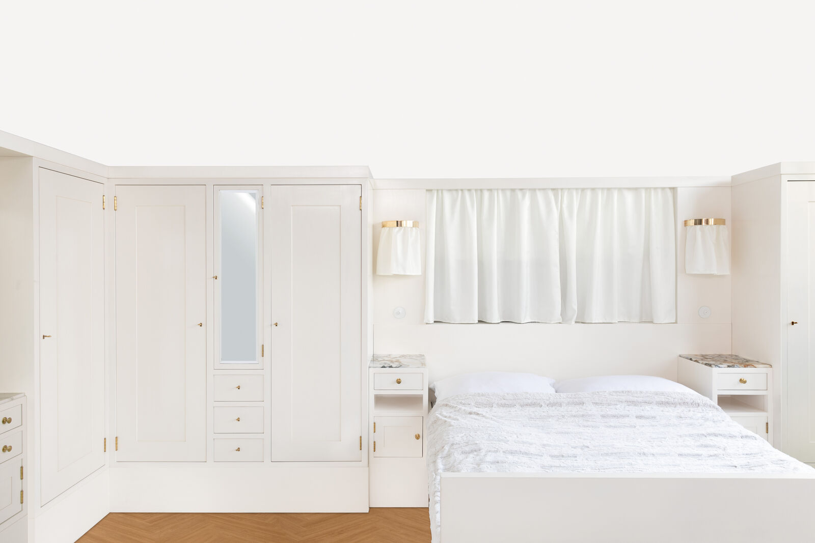 Artwork by Adolf Loos, Bedroom Furniture, Made of Maple and softwood, veneered, off-white oil varnish, brass, marble, leather upholstery renewed Reading lamps supplemented 