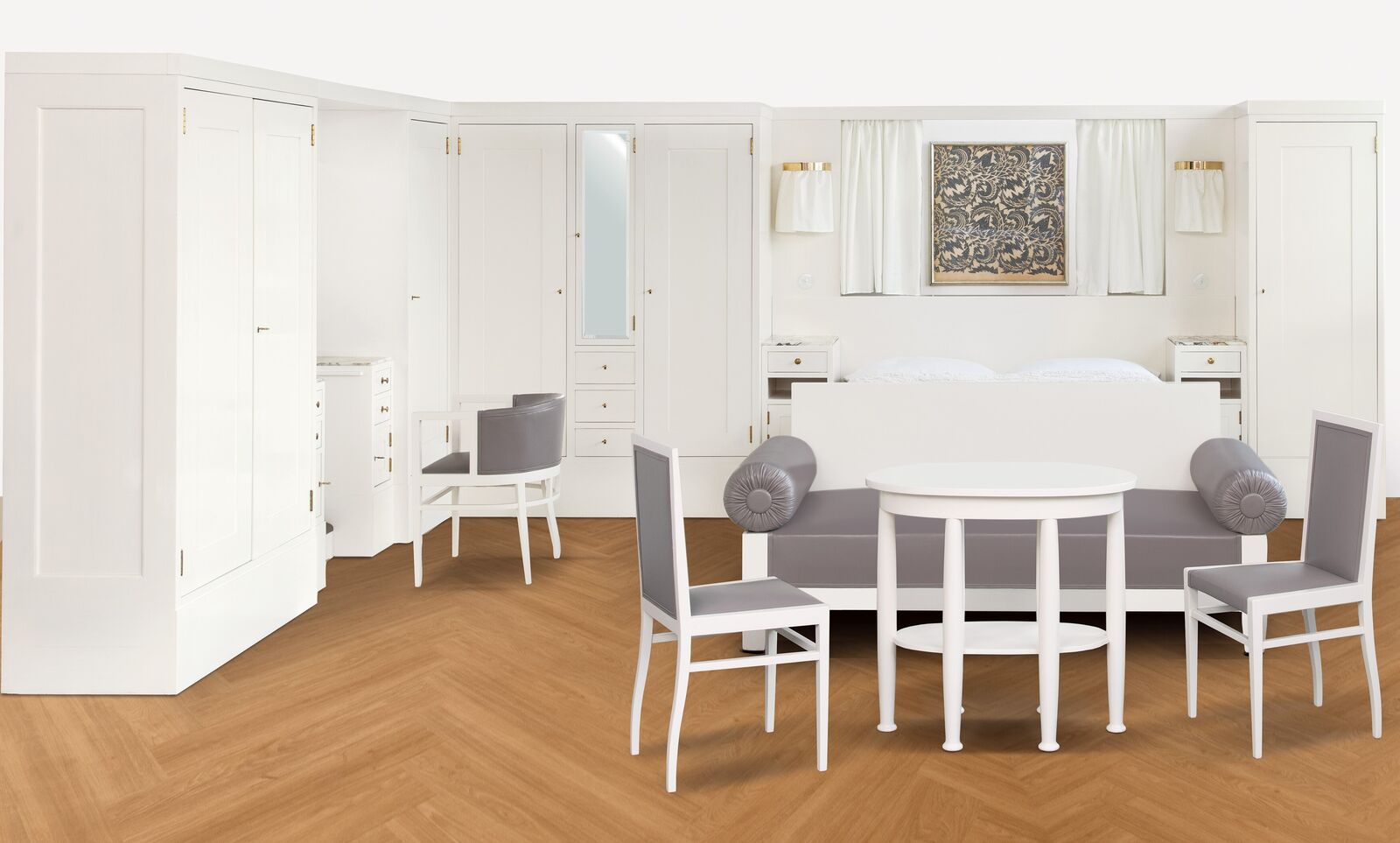 Artwork by Adolf Loos, Bedroom Furniture, Made of Maple and softwood, veneered, off-white oil varnish, brass, marble, leather upholstery renewed Reading lamps supplemented 