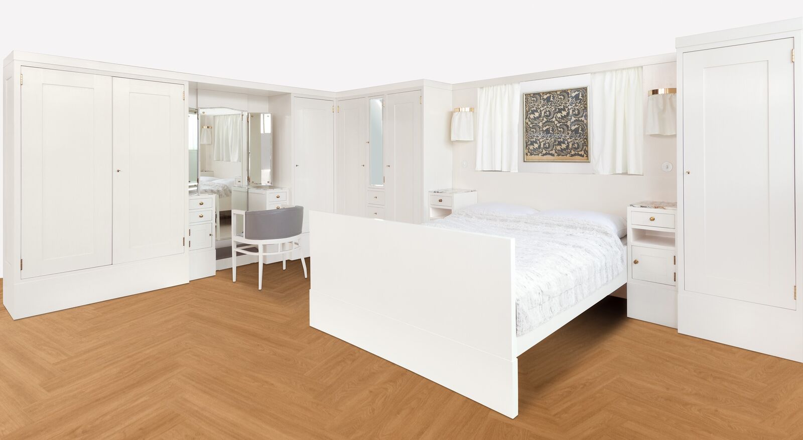 Artwork by Adolf Loos, Bedroom Furniture, Made of Maple and softwood, veneered, off-white oil varnish, brass, marble, leather upholstery renewed Reading lamps supplemented 