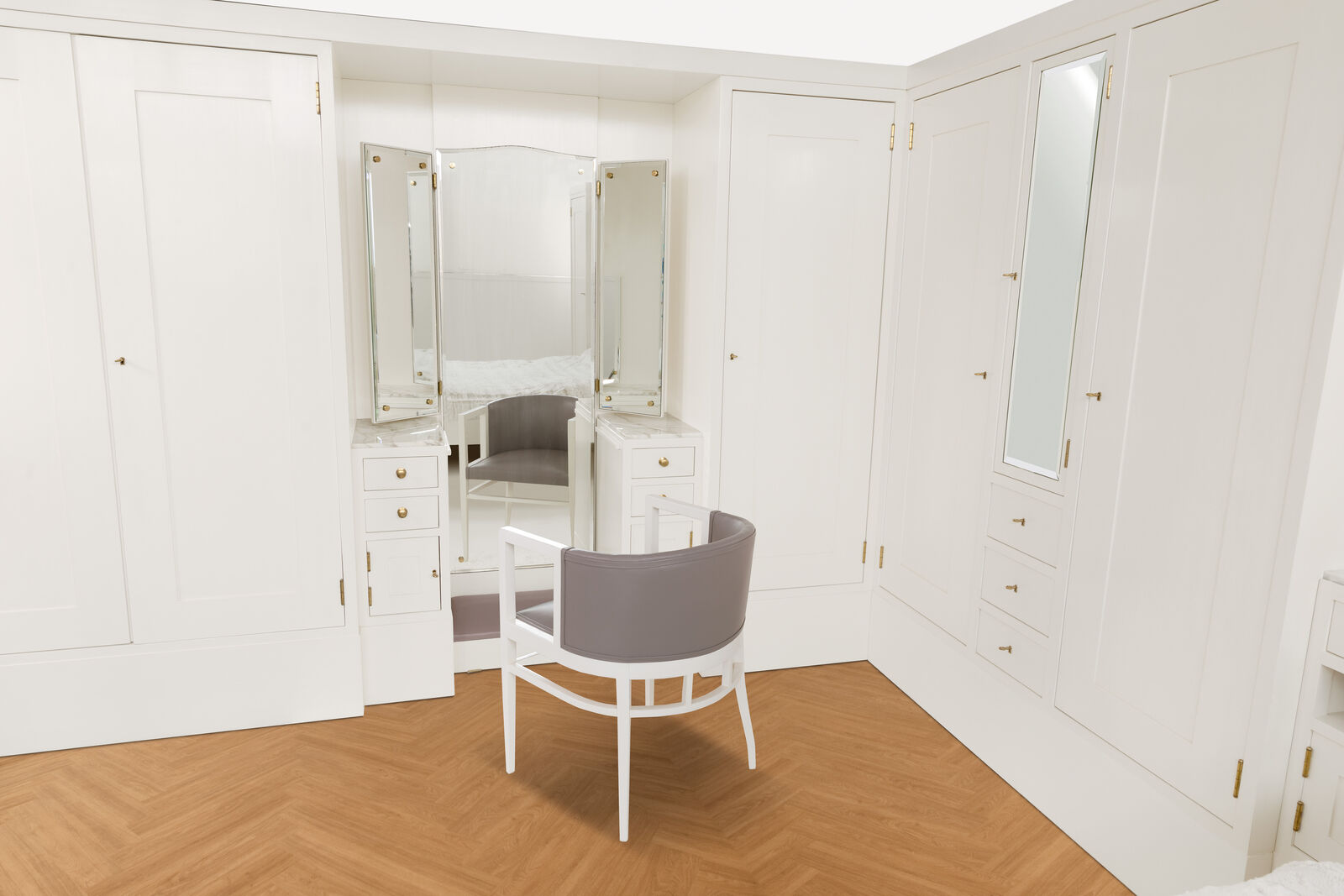 Artwork by Adolf Loos, Bedroom Furniture, Made of Maple and softwood, veneered, off-white oil varnish, brass, marble, leather upholstery renewed Reading lamps supplemented 