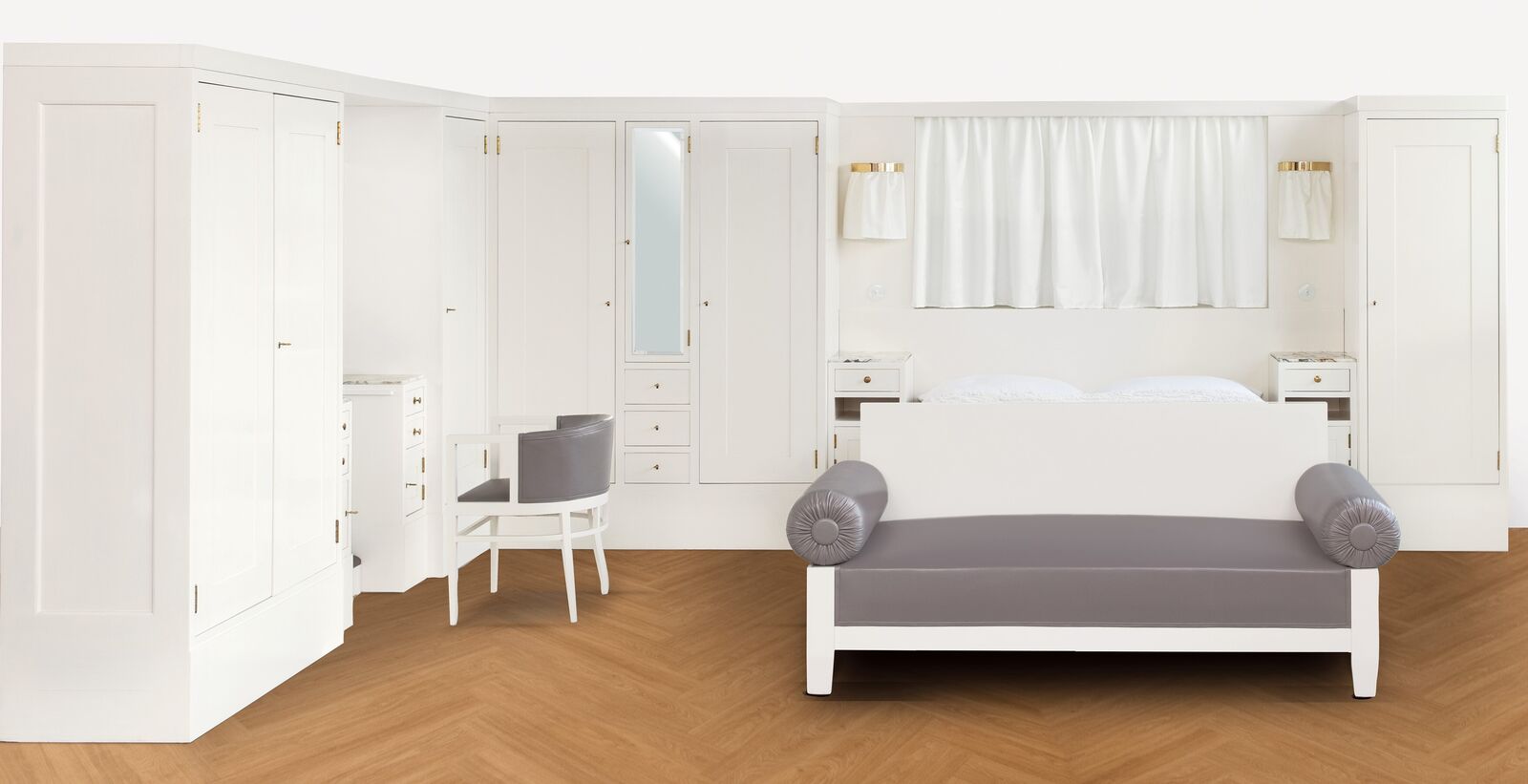 Artwork by Adolf Loos, Bedroom Furniture, Made of Maple and softwood, veneered, off-white oil varnish, brass, marble, leather upholstery renewed Reading lamps supplemented 